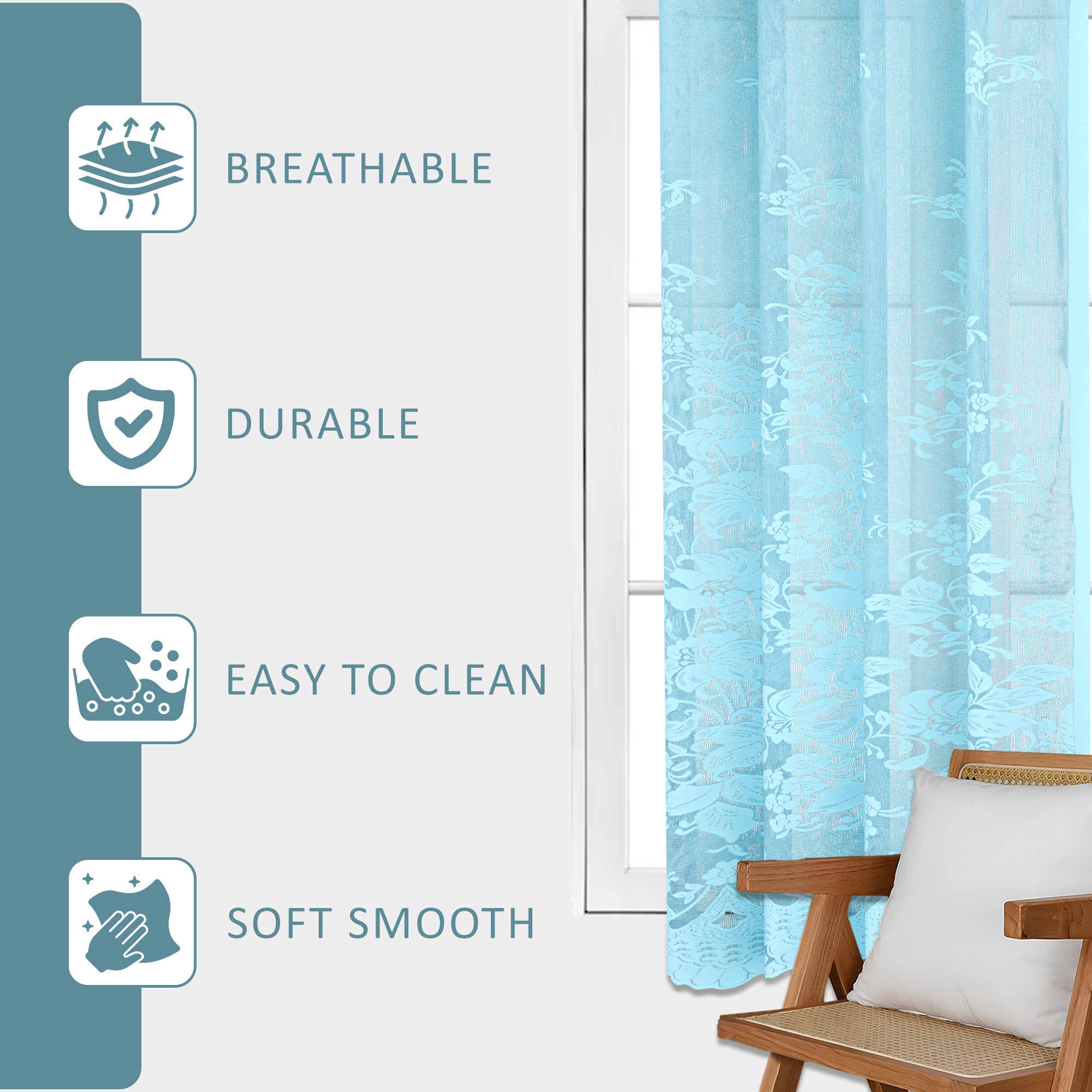 Kuber Industries 5 Feet Decorative Net Curtain for Windows  Khidki Ke Parde for Living Room Home  Office  Screen Parde for Door Balcony  Open Kitchen  Floral Embroidery - Aqua Green