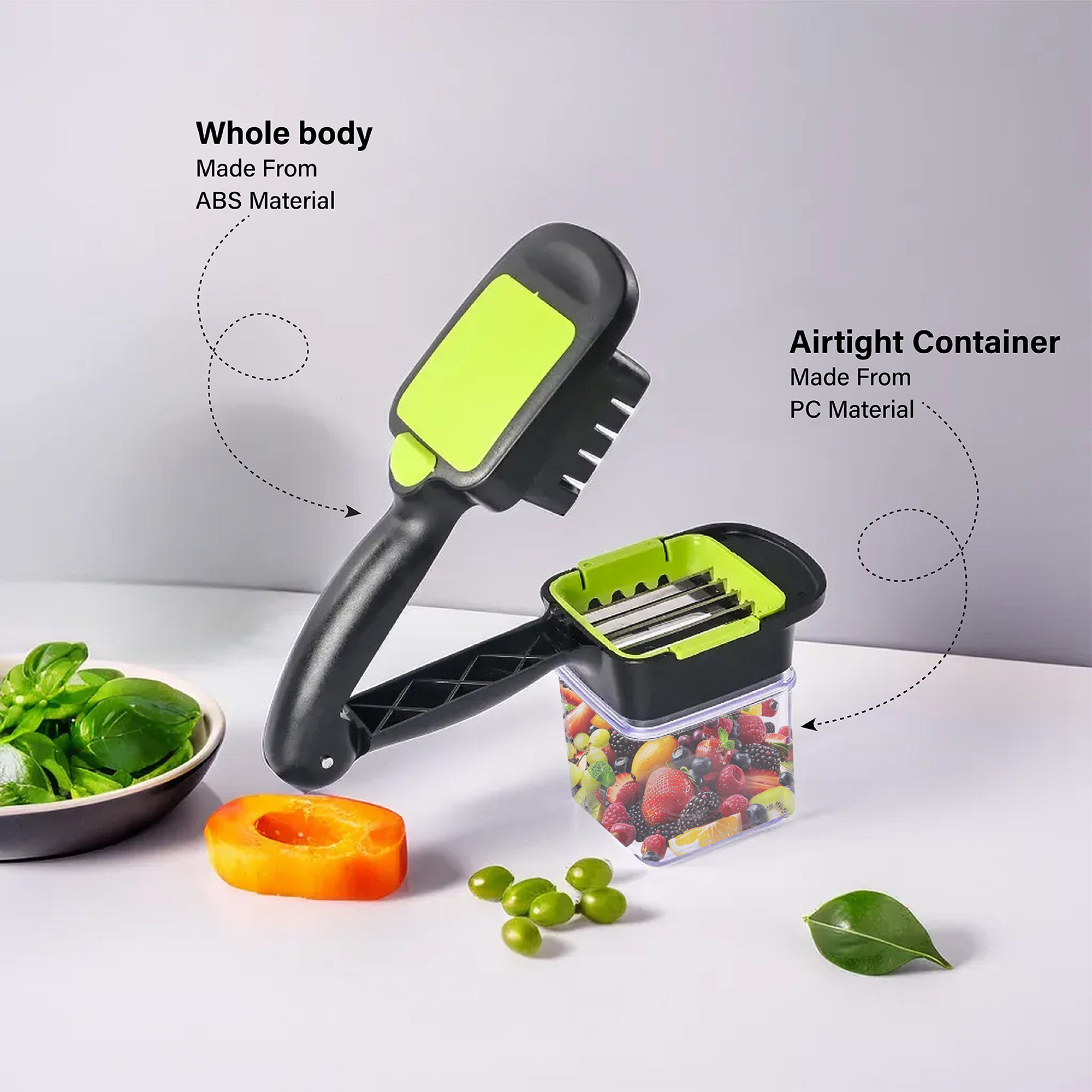 Kuber Industries 5-in-1 Anti Slip Hand-Press Vegetable Cutter for Kitchen  Home  Easy to Push Salad Veggie Chopper  Onion Cutter for Daily Needs  Green  Black