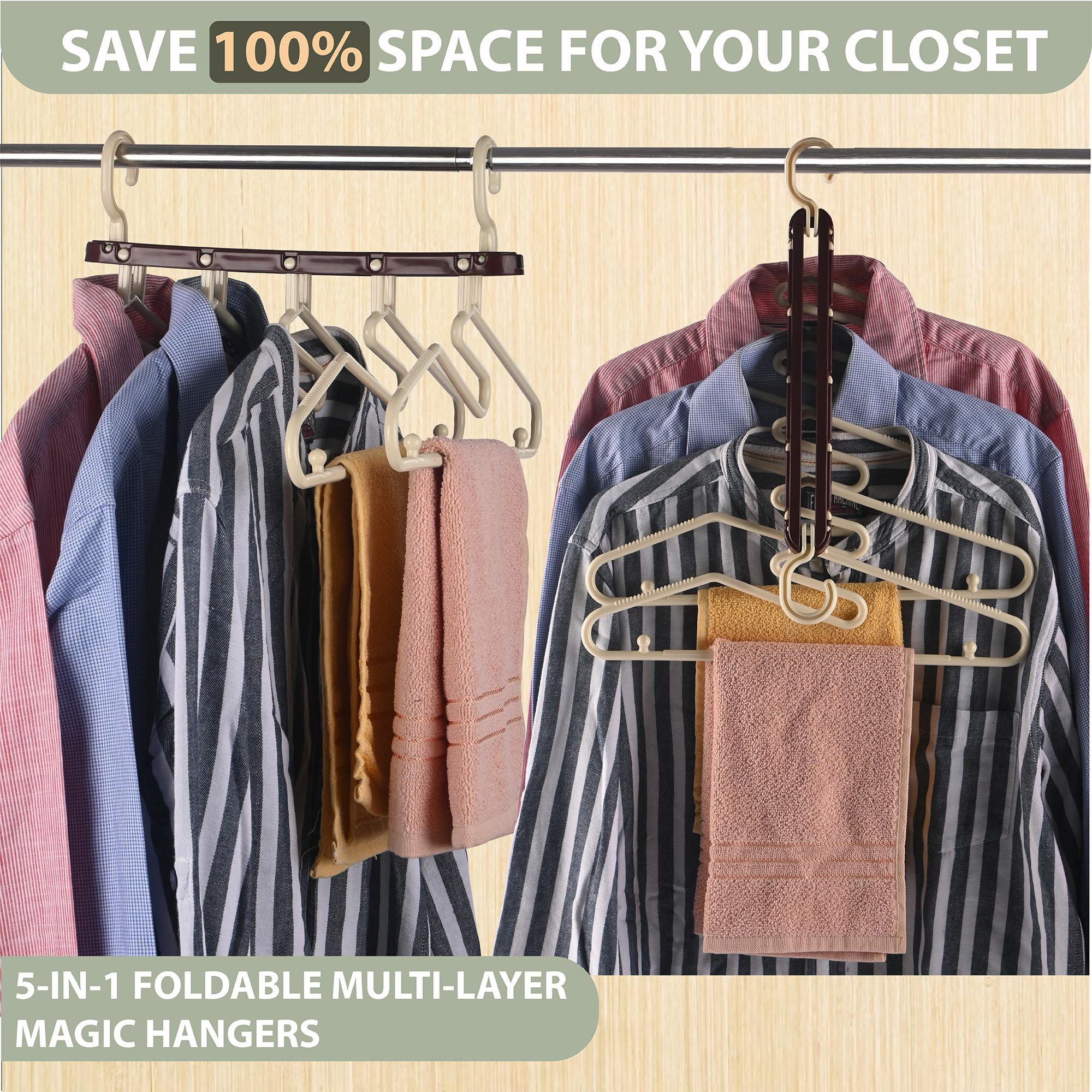 Kuber Industries 5 in 1 Foldable Multipurpose Cloth Hangers for Wardrobe  Plastic Hangers for Clothes Shawls and Caps for Cupboard  Multiple Hangers for Cloth Hanging  Brown  Cream