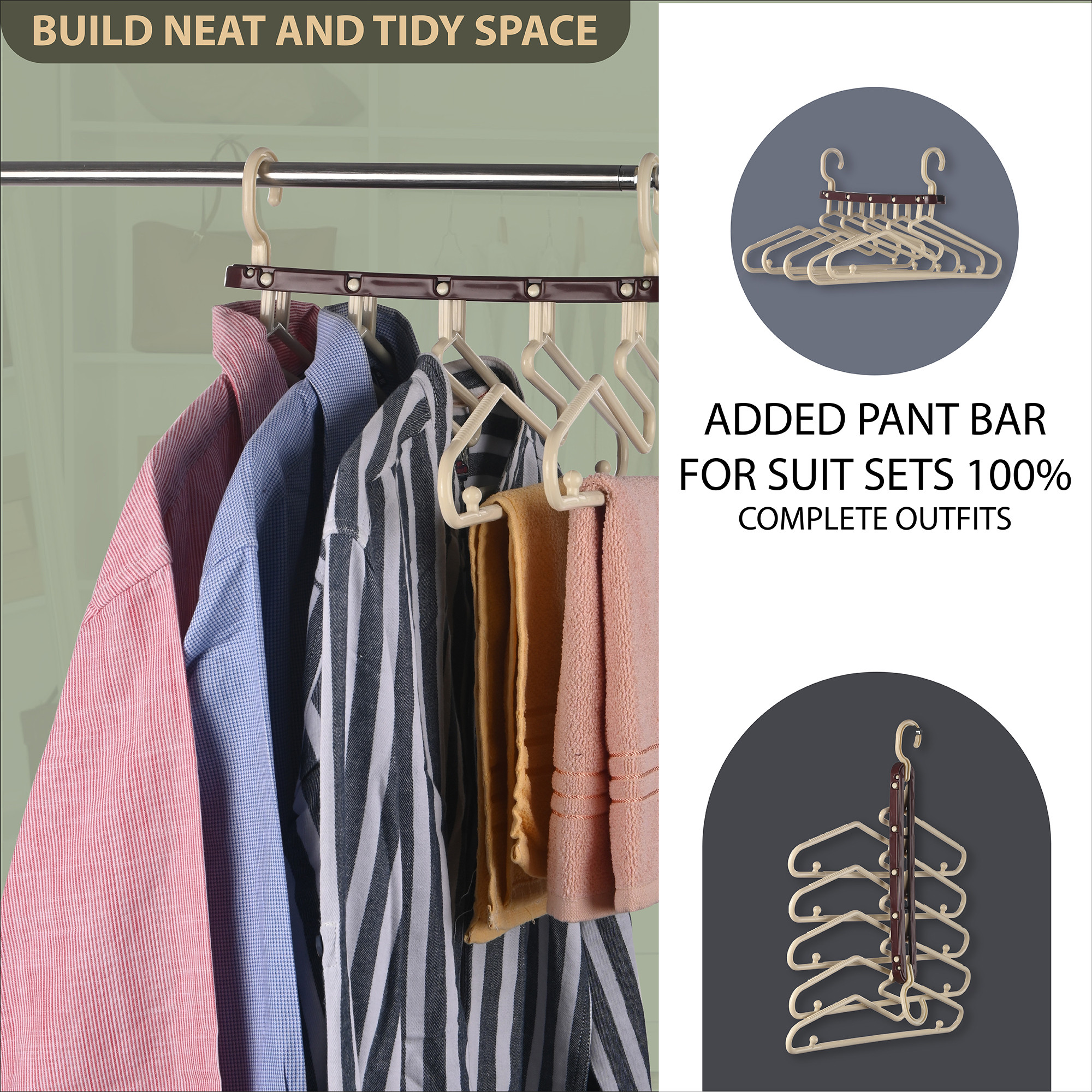 Kuber Industries 5 in 1 Foldable Multipurpose Cloth Hangers for Wardrobe  Plastic Hangers for Clothes Shawls and Caps for Cupboard  Multiple Hangers for Cloth Hanging  Brown  Cream