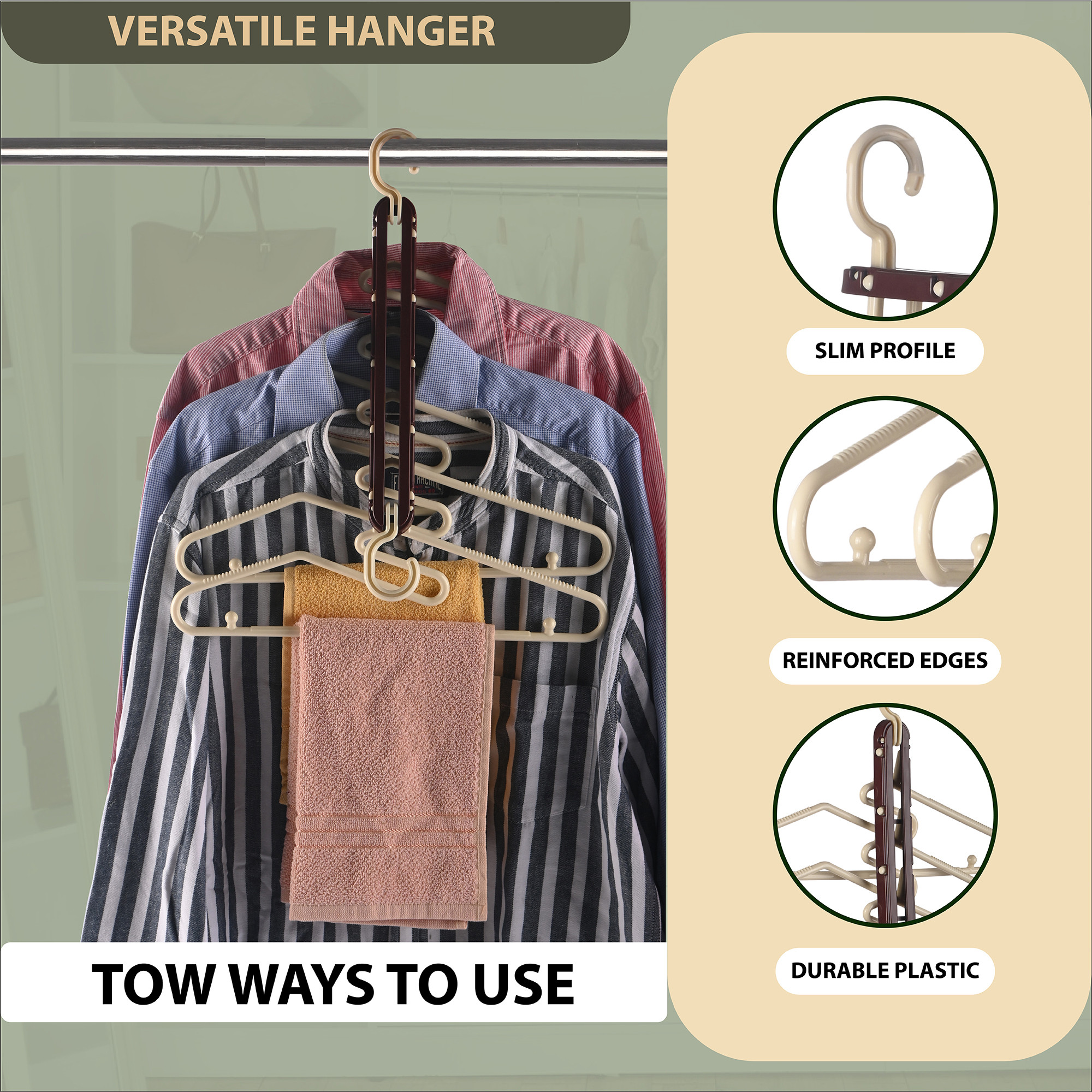 Kuber Industries 5 in 1 Foldable Multipurpose Cloth Hangers for Wardrobe  Plastic Hangers for Clothes Shawls and Caps for Cupboard  Multiple Hangers for Cloth Hanging  Brown  Cream