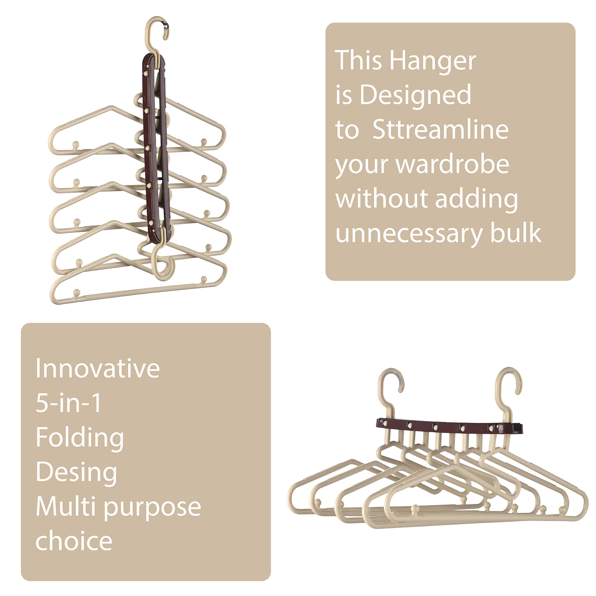 Kuber Industries 5 in 1 Foldable Multipurpose Cloth Hangers for Wardrobe  Plastic Hangers for Clothes Shawls and Caps for Cupboard  Multiple Hangers for Cloth Hanging  Brown  Cream