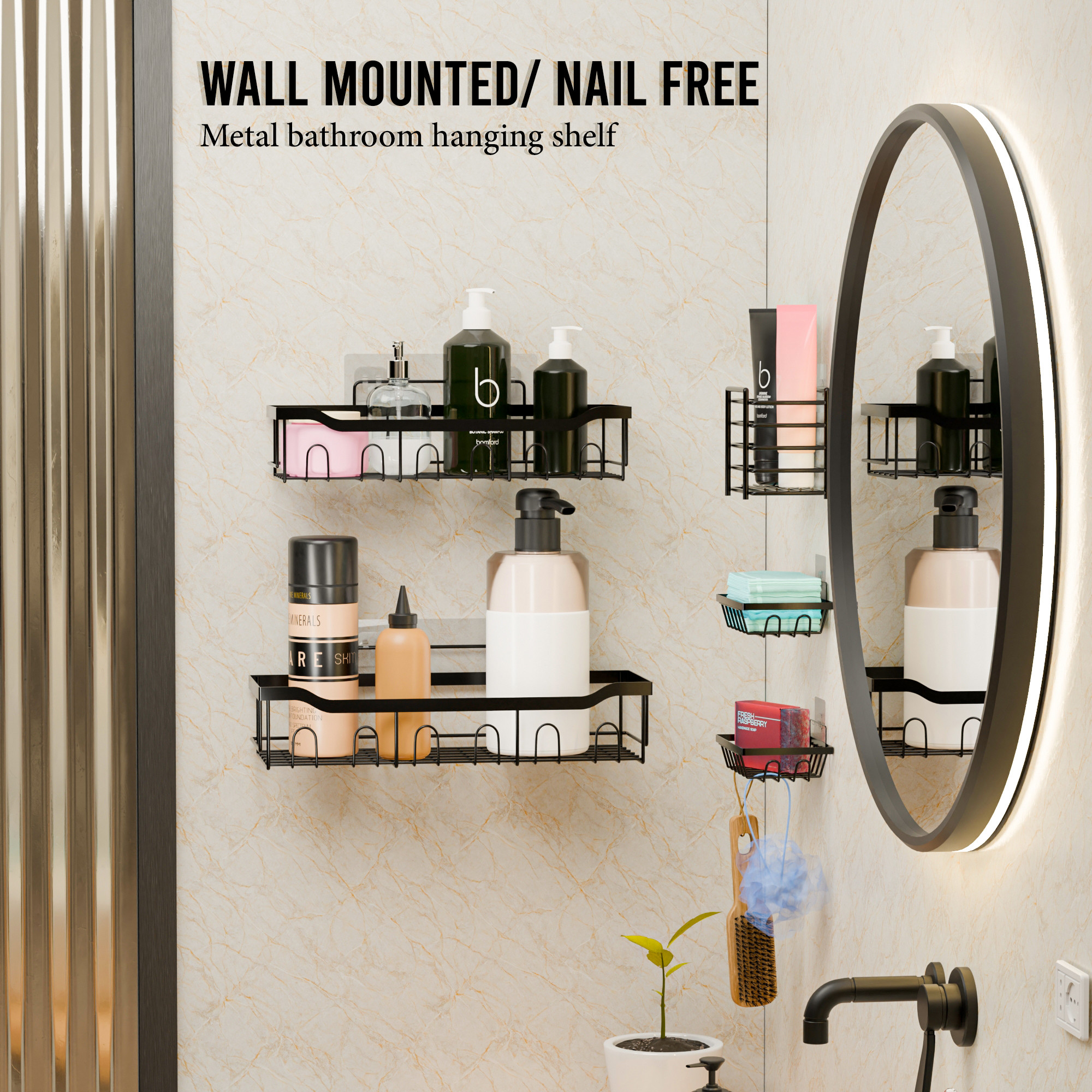 Kuber Industries 5 in 1 Metal Bathroom Rack without Drill with Soap  Toothbrush Holders  Self Adhesive Bathroom Shelf  Bathroom Accessories Set  Drill Free Storage Rack for Wall  Black