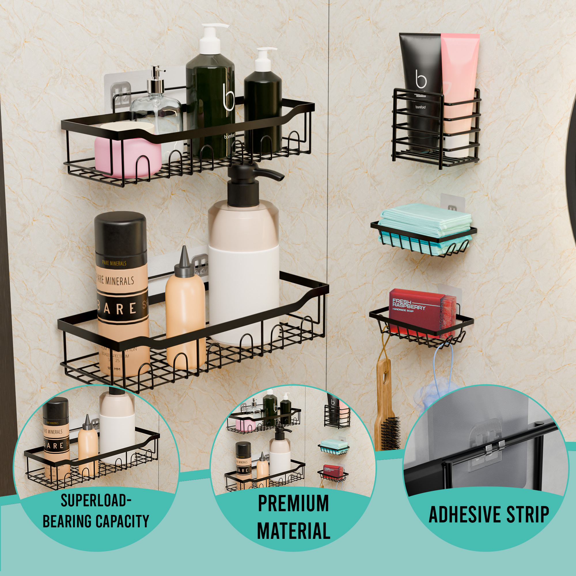 Kuber Industries 5 in 1 Metal Bathroom Rack without Drill with Soap  Toothbrush Holders  Self Adhesive Bathroom Shelf  Bathroom Accessories Set  Drill Free Storage Rack for Wall  Black