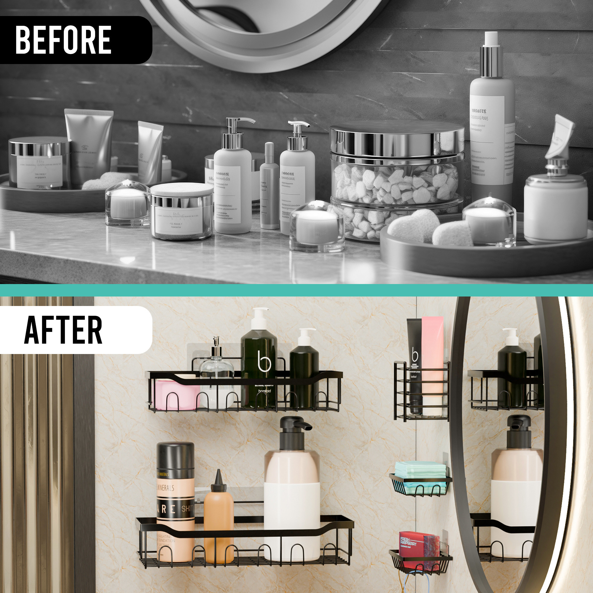 Kuber Industries 5 in 1 Metal Bathroom Rack without Drill with Soap  Toothbrush Holders  Self Adhesive Bathroom Shelf  Bathroom Accessories Set  Drill Free Storage Rack for Wall  Black