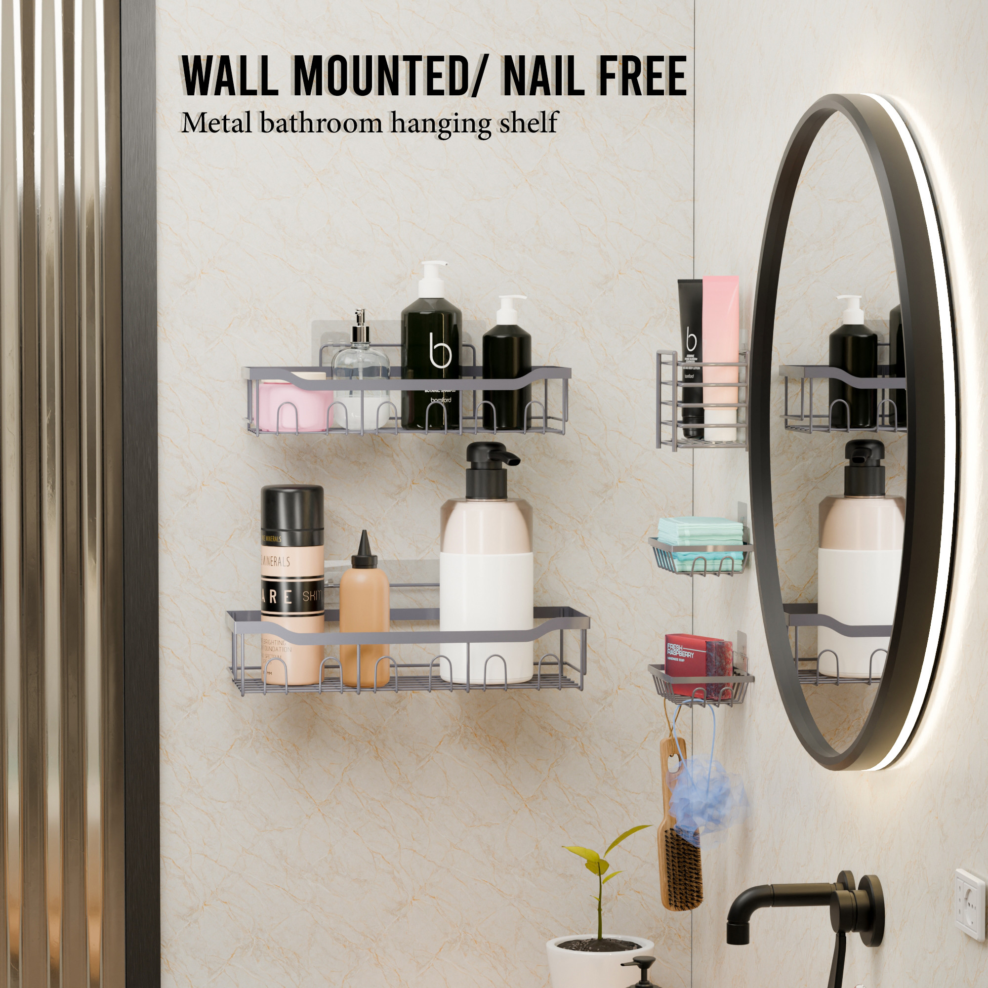 Kuber Industries 5 in 1 Metal Bathroom Rack without Drill with Soap  Toothbrush Holders  Self Adhesive Bathroom Shelf  Bathroom Accessories Set  Drill Free Storage Rack for Wall  Grey