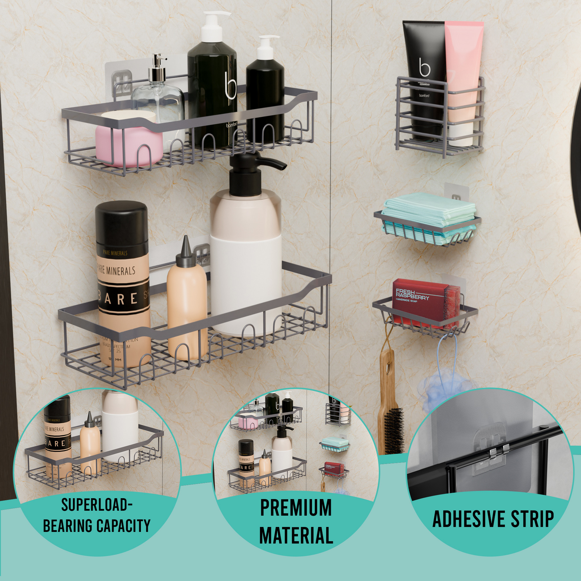 Kuber Industries 5 in 1 Metal Bathroom Rack without Drill with Soap  Toothbrush Holders  Self Adhesive Bathroom Shelf  Bathroom Accessories Set  Drill Free Storage Rack for Wall  Grey