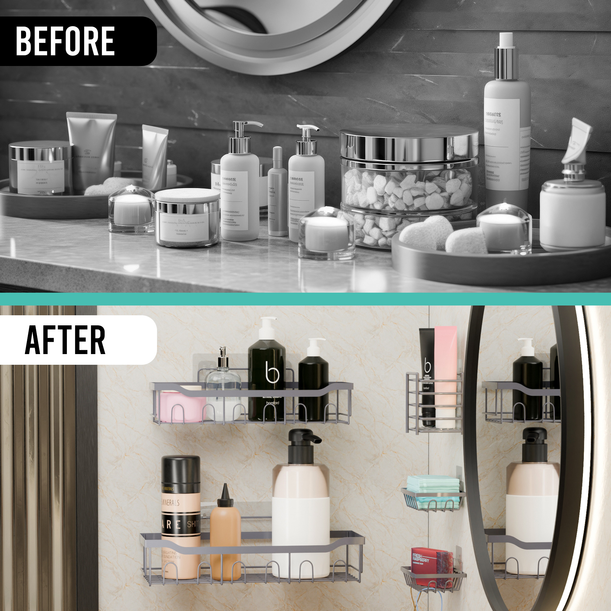 Kuber Industries 5 in 1 Metal Bathroom Rack without Drill with Soap  Toothbrush Holders  Self Adhesive Bathroom Shelf  Bathroom Accessories Set  Drill Free Storage Rack for Wall  Grey