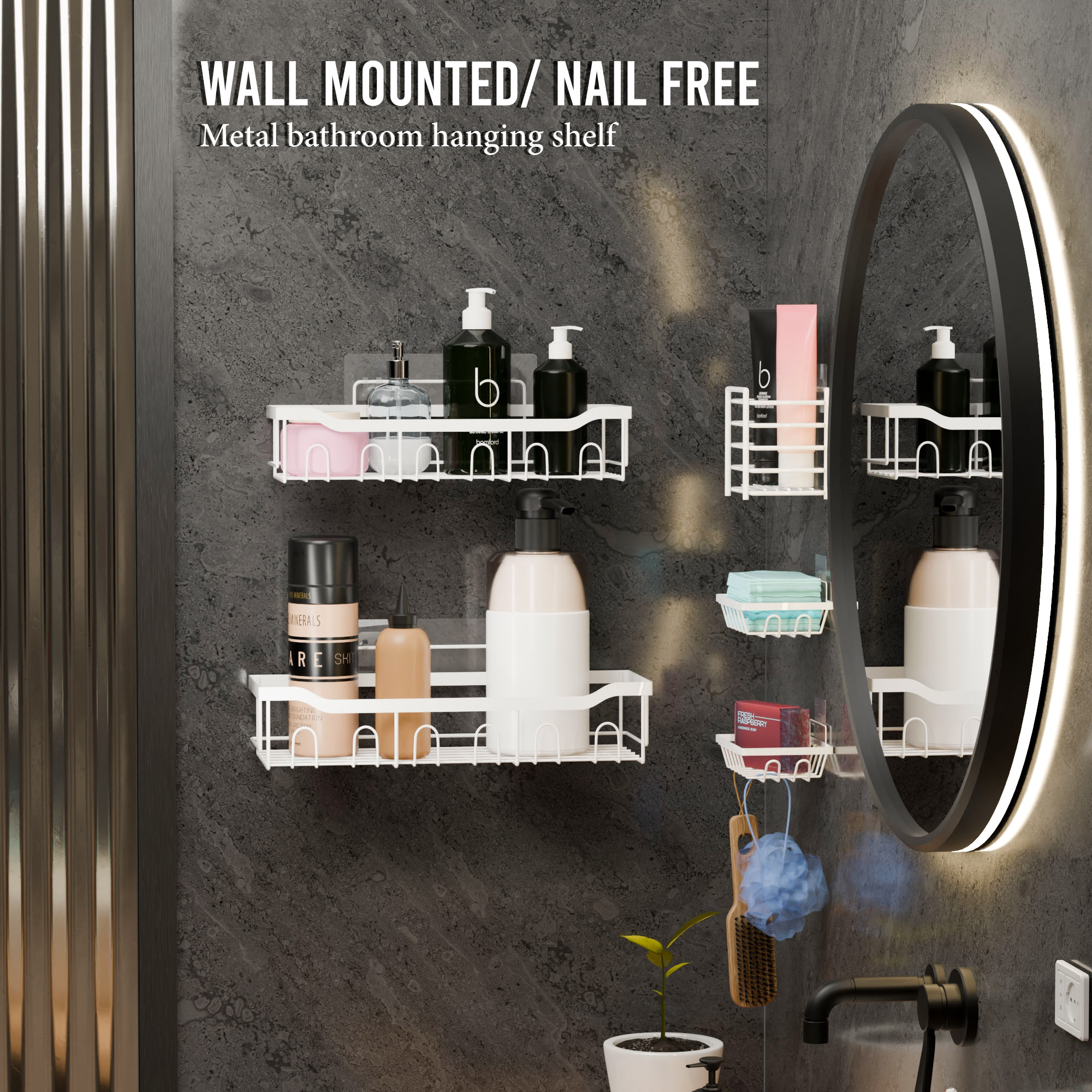 Kuber Industries 5 in 1 Metal Bathroom Rack without Drill with Soap  Toothbrush Holders  Self Adhesive Bathroom Shelf  Bathroom Accessories Set  Drill Free Storage Rack for Wall  White