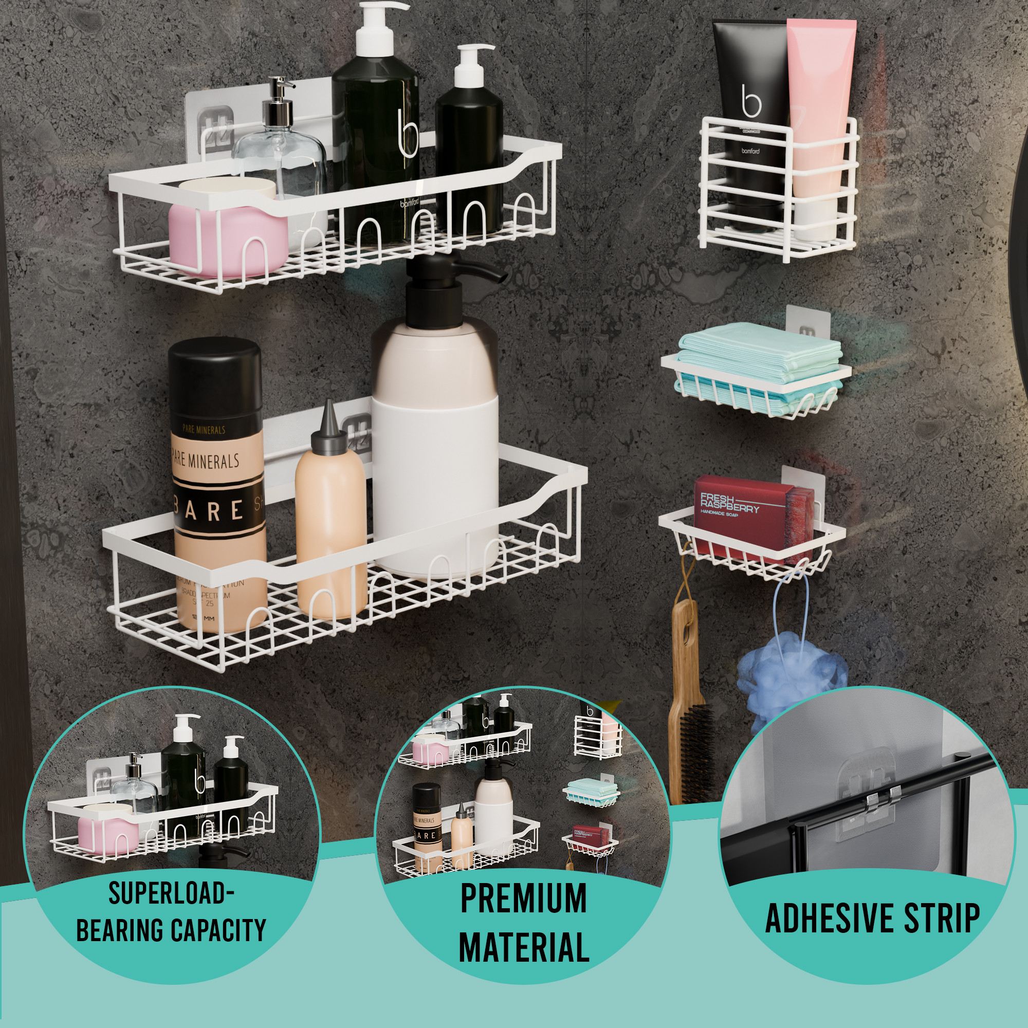 Kuber Industries 5 in 1 Metal Bathroom Rack without Drill with Soap  Toothbrush Holders  Self Adhesive Bathroom Shelf  Bathroom Accessories Set  Drill Free Storage Rack for Wall  White