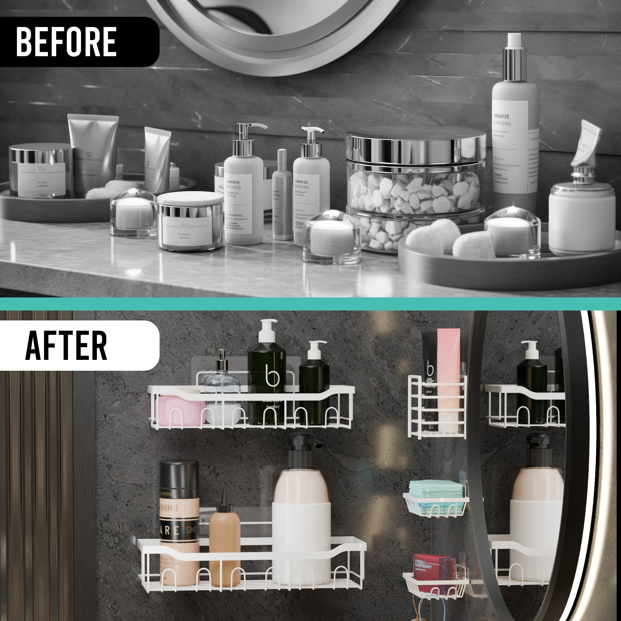 Kuber Industries 5 in 1 Metal Bathroom Rack without Drill with Soap  Toothbrush Holders  Self Adhesive Bathroom Shelf  Bathroom Accessories Set  Drill Free Storage Rack for Wall  White