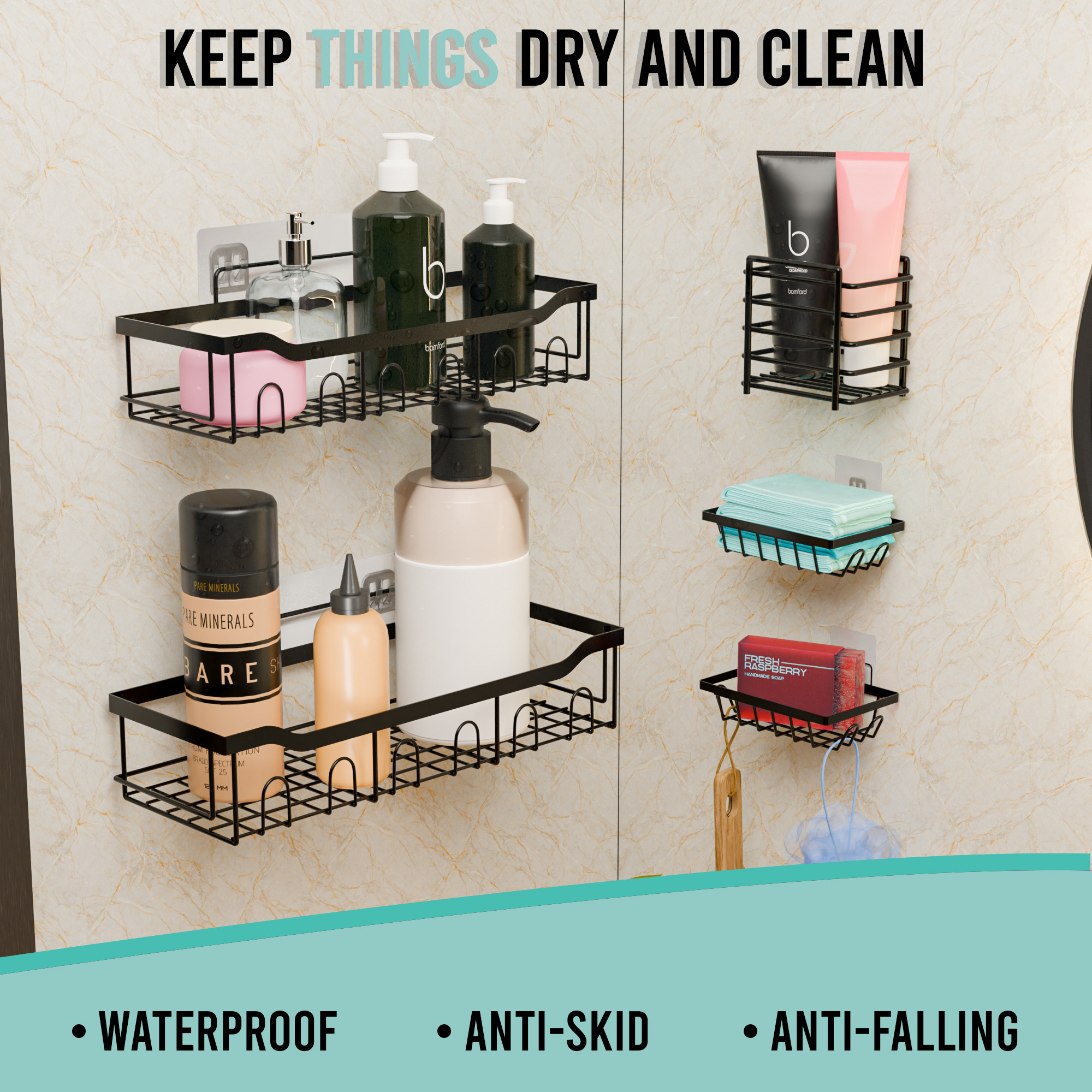 Kuber Industries 5 in 1 Metal Bathroom Rack without Drill with Soap  Toothbrush Holders  Self Adhesive Bathroom Shelf  Bathroom Accessories Set  Drill Free Storage Rack for Wall  Black