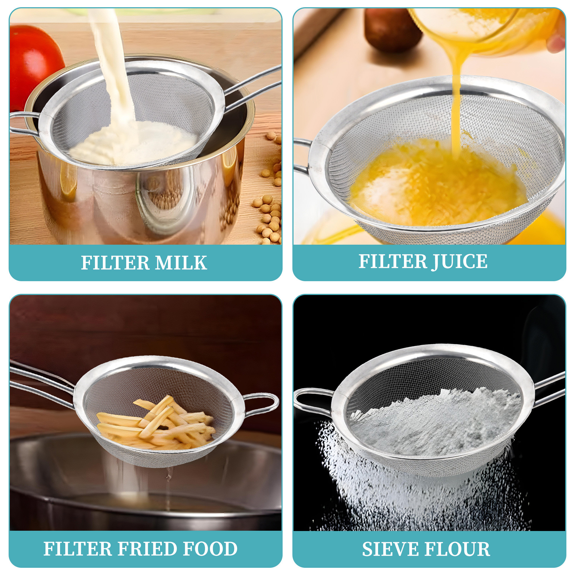 Kuber Industries 5 Inch Fine Mesh Soup and Juice Strainer Stainless Steel with Long Handle  Chalni for Kitchen Big Size  Matcha StrainerFilterSieve forVariousLiquids  Silver