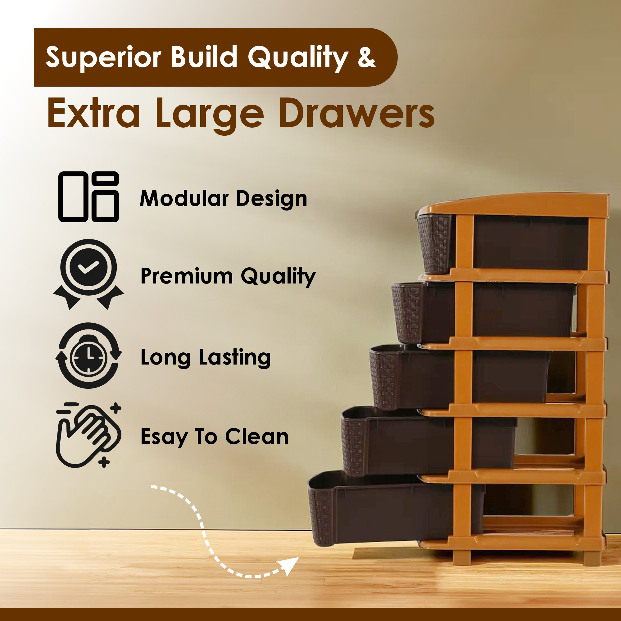Kuber Industries 5-Layer  48 Ltr Plastic Drawer Storage Organiser  Modular Kitchen  Toy Organizer For Kids Room  Chocolate Brown