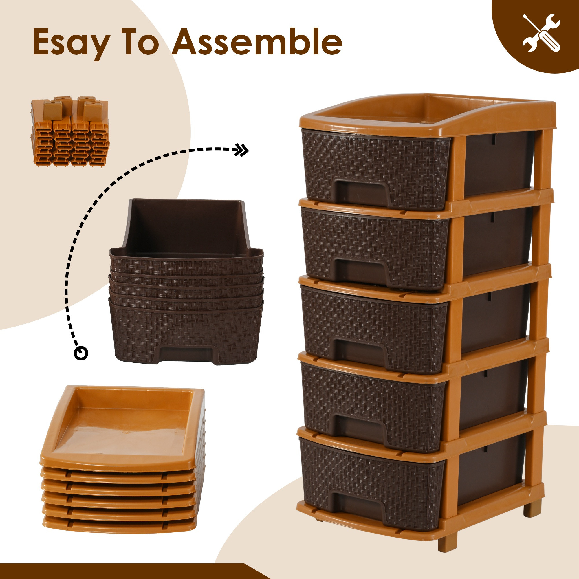 Kuber Industries 5-Layer  48 Ltr Plastic Drawer Storage Organiser  Modular Kitchen  Toy Organizer For Kids Room  Chocolate Brown