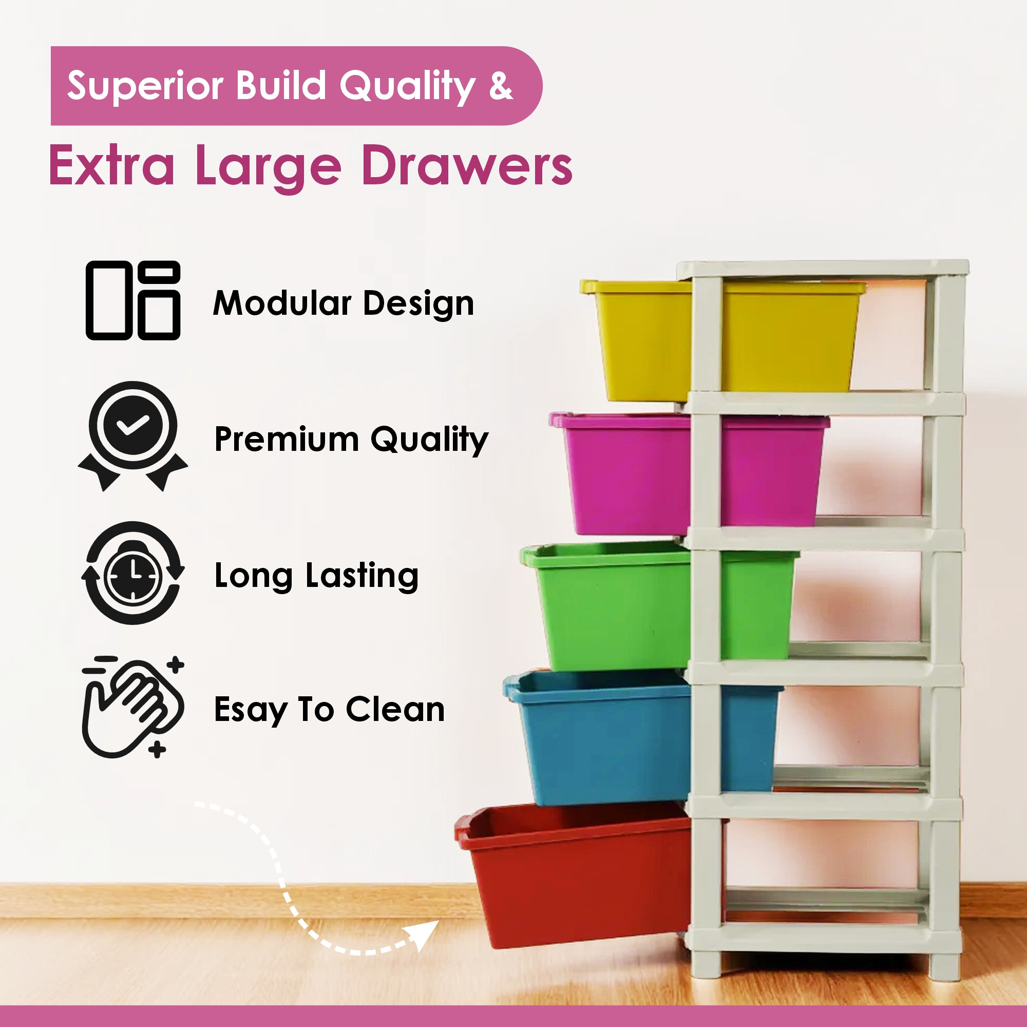 Kuber Industries 5-Layer  80 Ltr Plastic Drawer Storage Organiser  Modular Kitchen  Toy Organizer For Kids Room  Multicolor