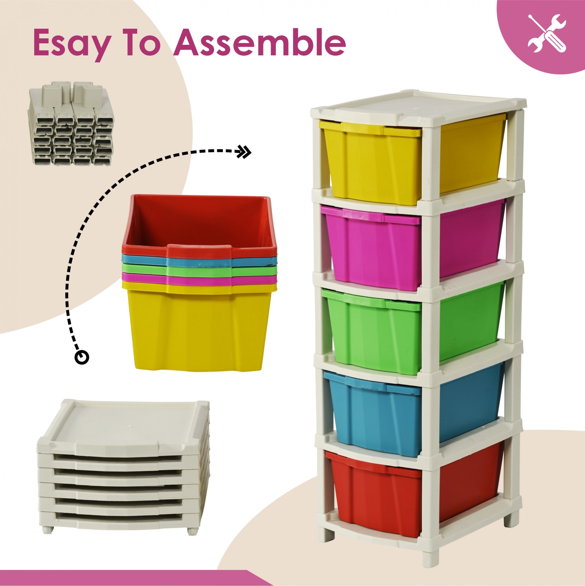 Kuber Industries 5-Layer  80 Ltr Plastic Drawer Storage Organiser  Modular Kitchen  Toy Organizer For Kids Room  Multicolor