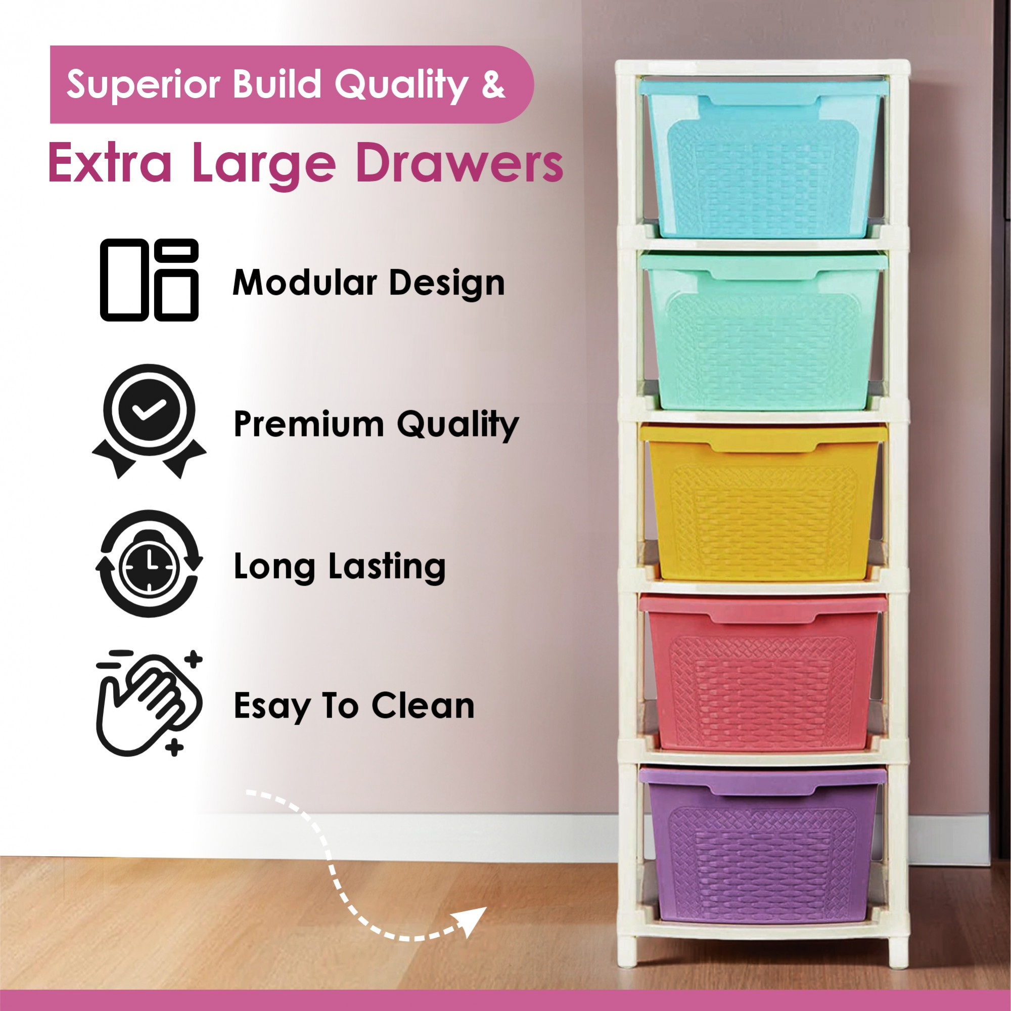 Kuber Industries 5-Layer  92 Ltr Plastic Drawer Storage Organiser  Modular Kitchen Cabinet  Toy Organizer For Kids Room  Multicolor