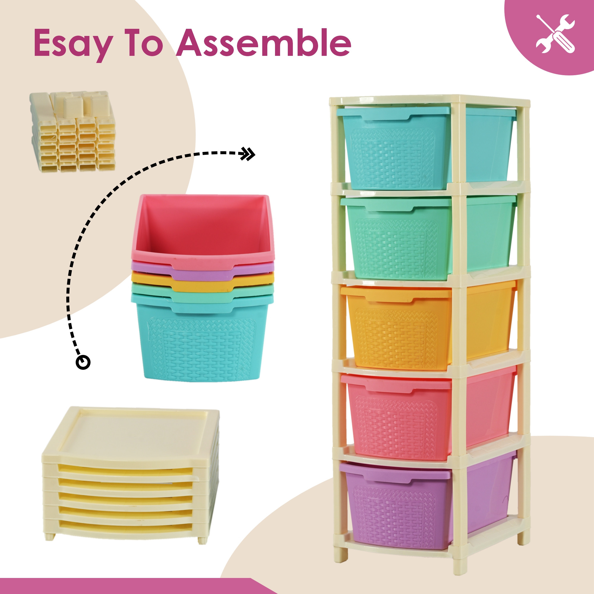 Kuber Industries 5-Layer  92 Ltr Plastic Drawer Storage Organiser  Modular Kitchen Cabinet  Toy Organizer For Kids Room  Multicolor