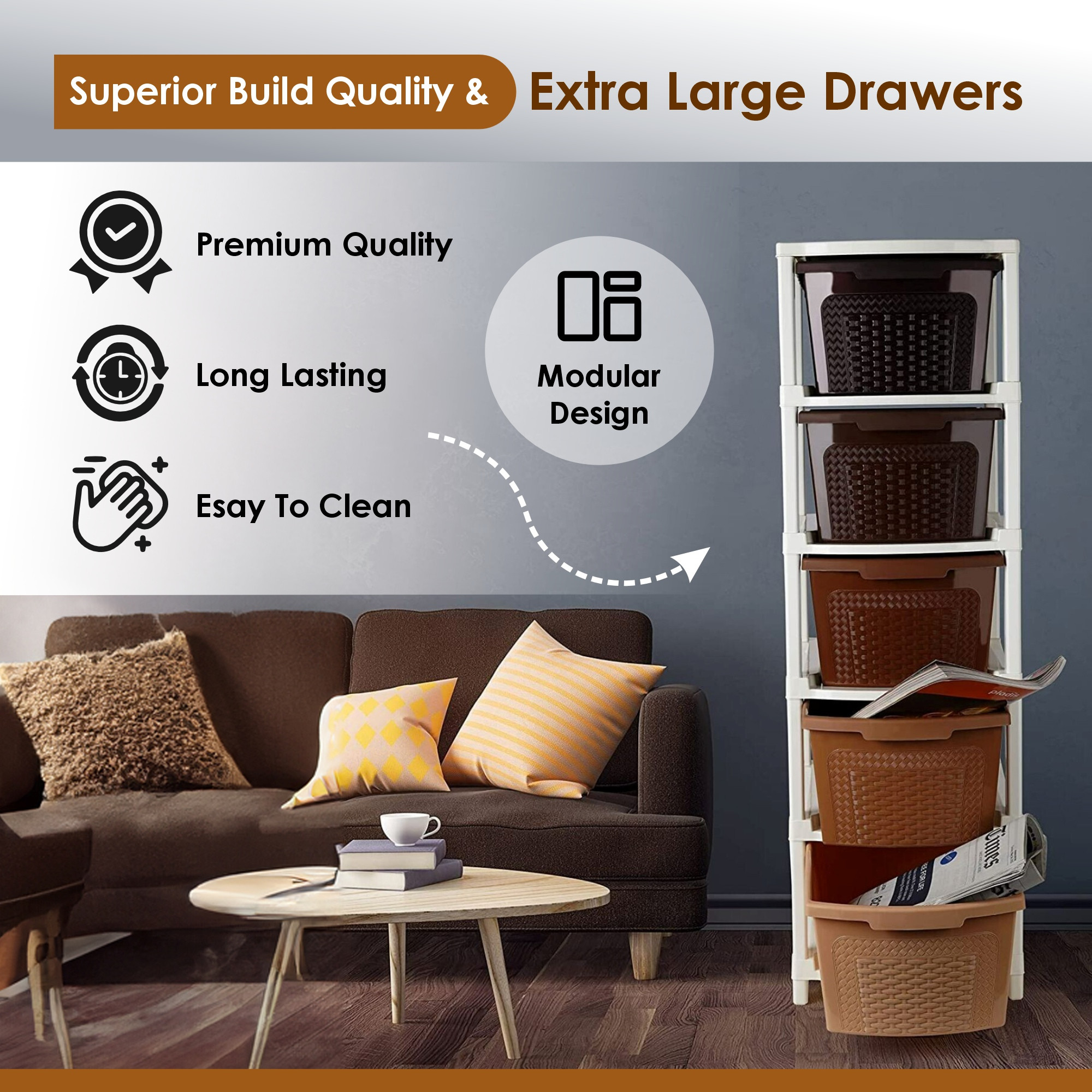 Kuber Industries 5-Layer  92 Ltr Plastic Drawer Storage Organiser  Modular Kitchen Cabinet  Toy Organizer For Kids Room  Chocolate Brown