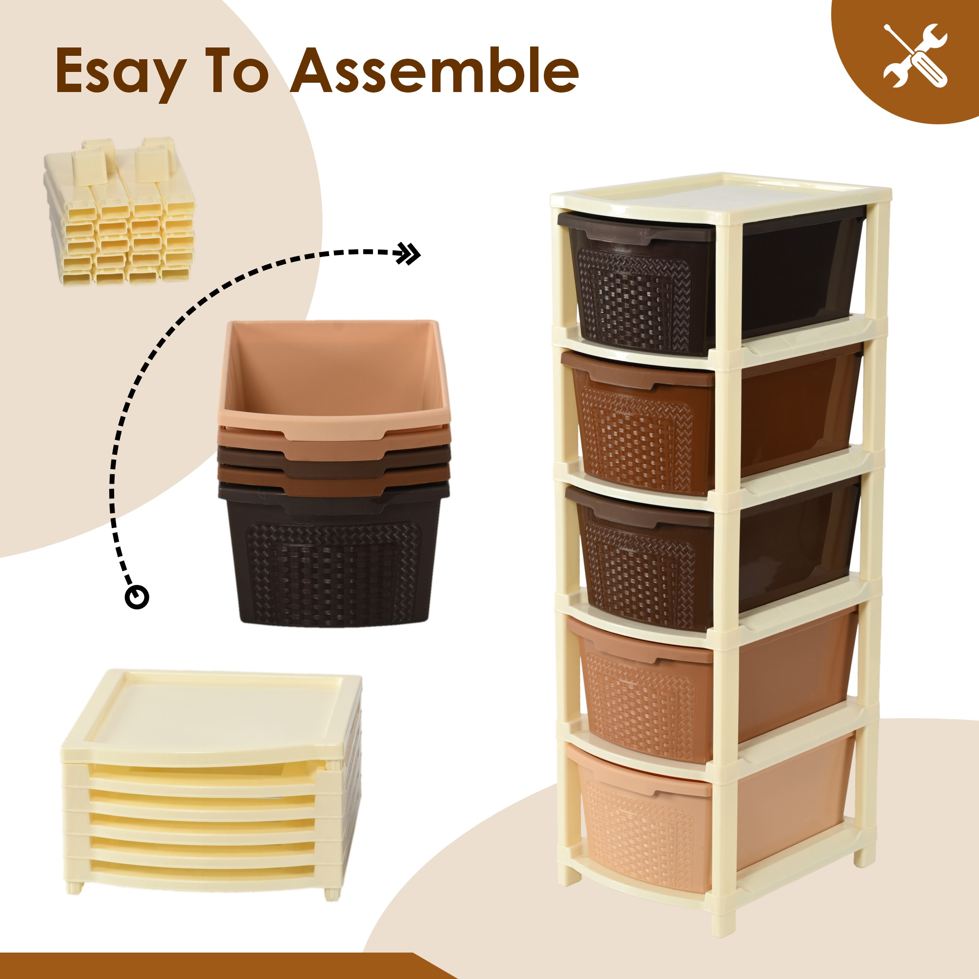 Kuber Industries 5-Layer  92 Ltr Plastic Drawer Storage Organiser  Modular Kitchen Cabinet  Toy Organizer For Kids Room  Chocolate Brown