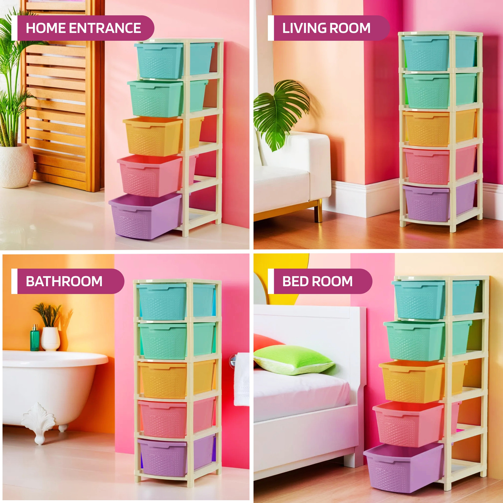 Kuber Industries 5-Layer  92 Ltr Plastic Drawer Storage Organiser  Modular Kitchen Cabinet  Toy Organizer For Kids Room  Multicolor