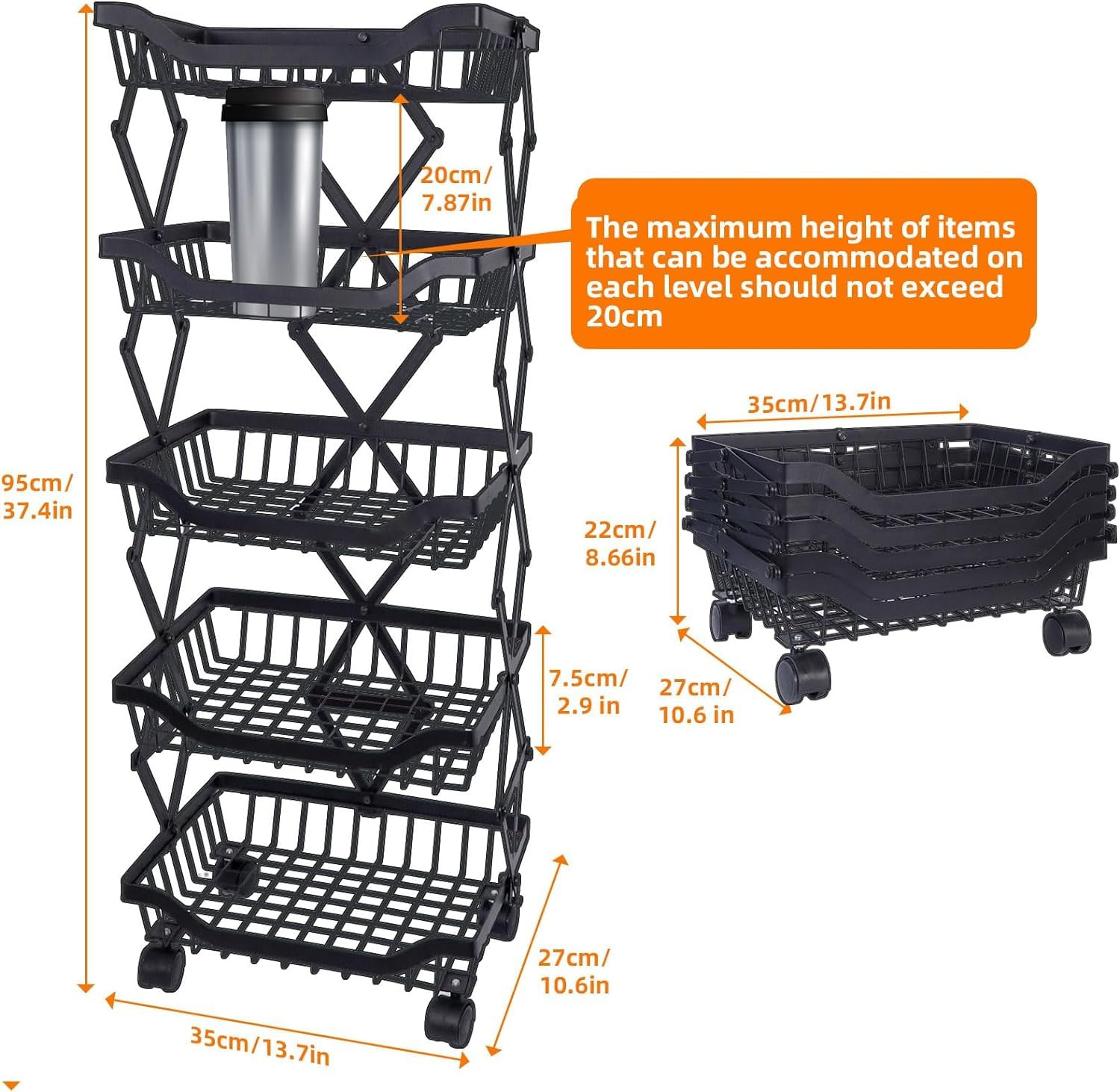 Kuber Industries 5-Layer Collapsible Kitchen Rack|Multipurpose Storage Basket|360-Degree Rotable Kitchen Trolley|Fruit Basket (Black)