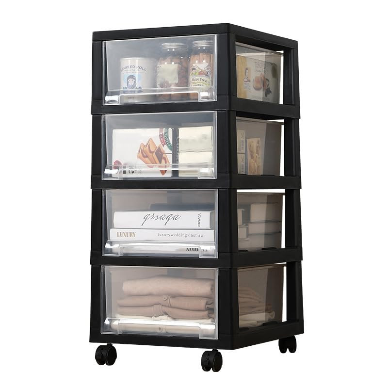 Kuber Industries 5 Layer Cosmetic Cabinet with Trolley|5-Tier Rolling Cart|Shelf Stand With Drawer|Black