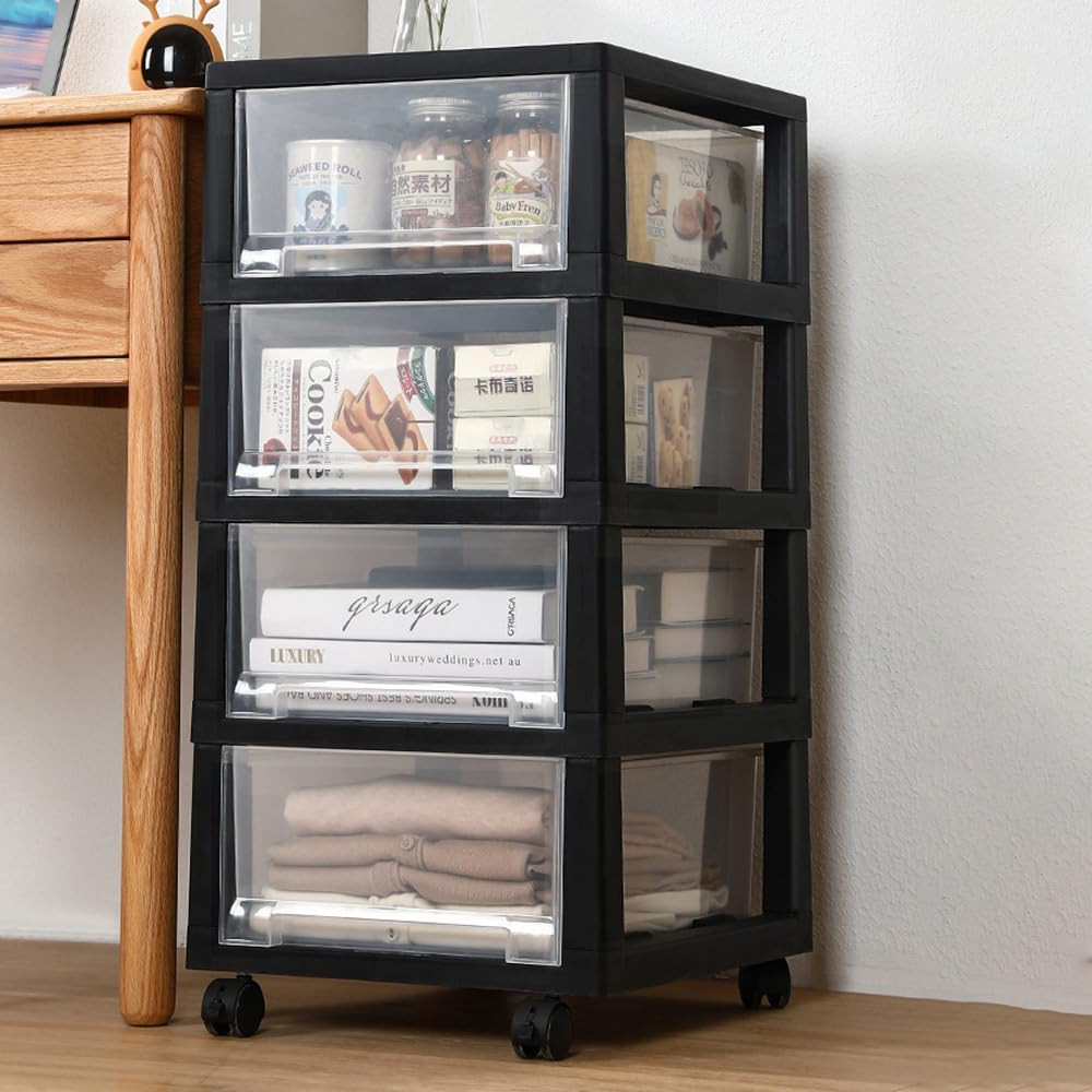 Kuber Industries 5 Layer Cosmetic Cabinet with Trolley|5-Tier Rolling Cart|Shelf Stand With Drawer|Black