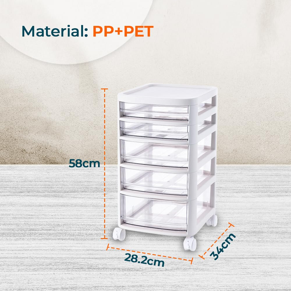 Kuber Industries 5 Layer Cosmetic Cabinet with Trolley|5-Tier Rolling Cart|Shelf Stand With Drawer|White