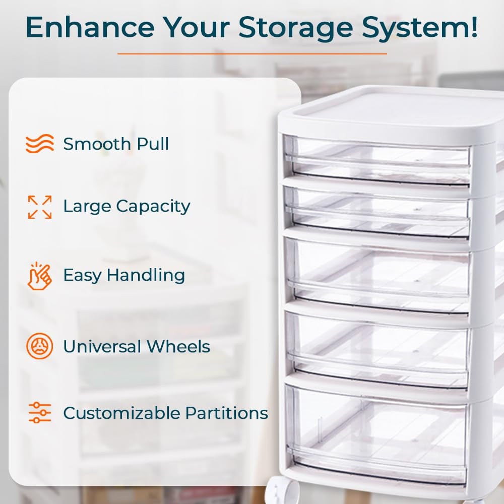 Kuber Industries 5 Layer Cosmetic Cabinet with Trolley|5-Tier Rolling Cart|Shelf Stand With Drawer|White
