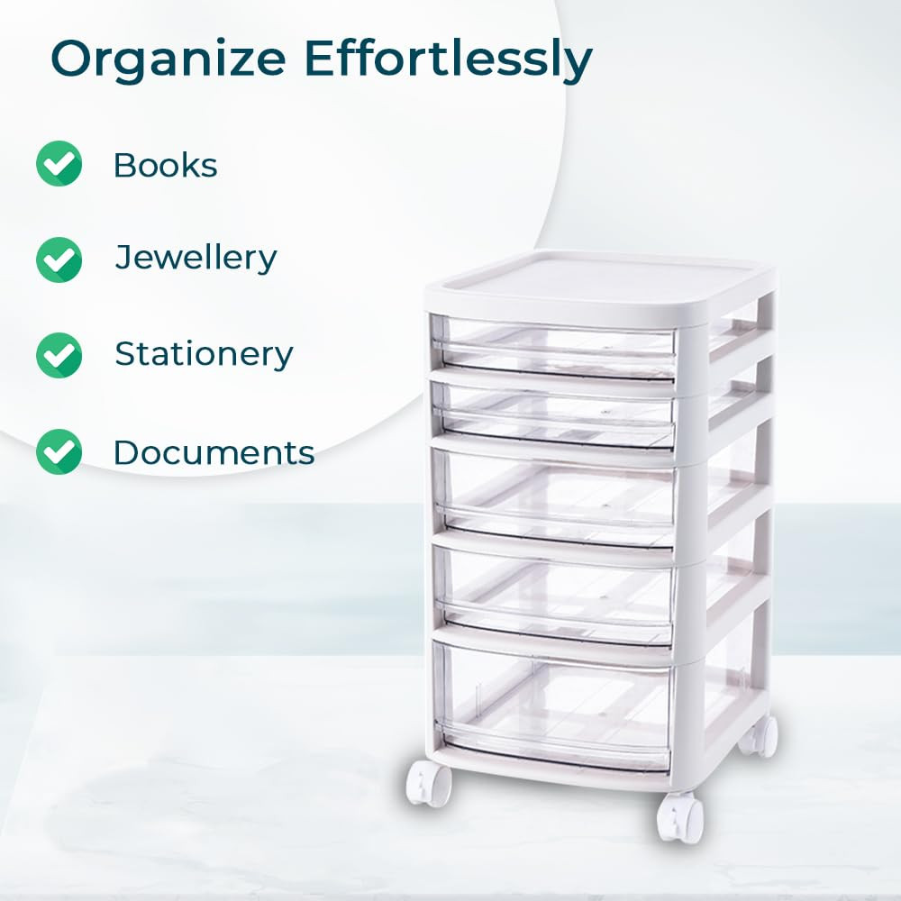 Kuber Industries 5 Layer Cosmetic Cabinet with Trolley|5-Tier Rolling Cart|Shelf Stand With Drawer|White