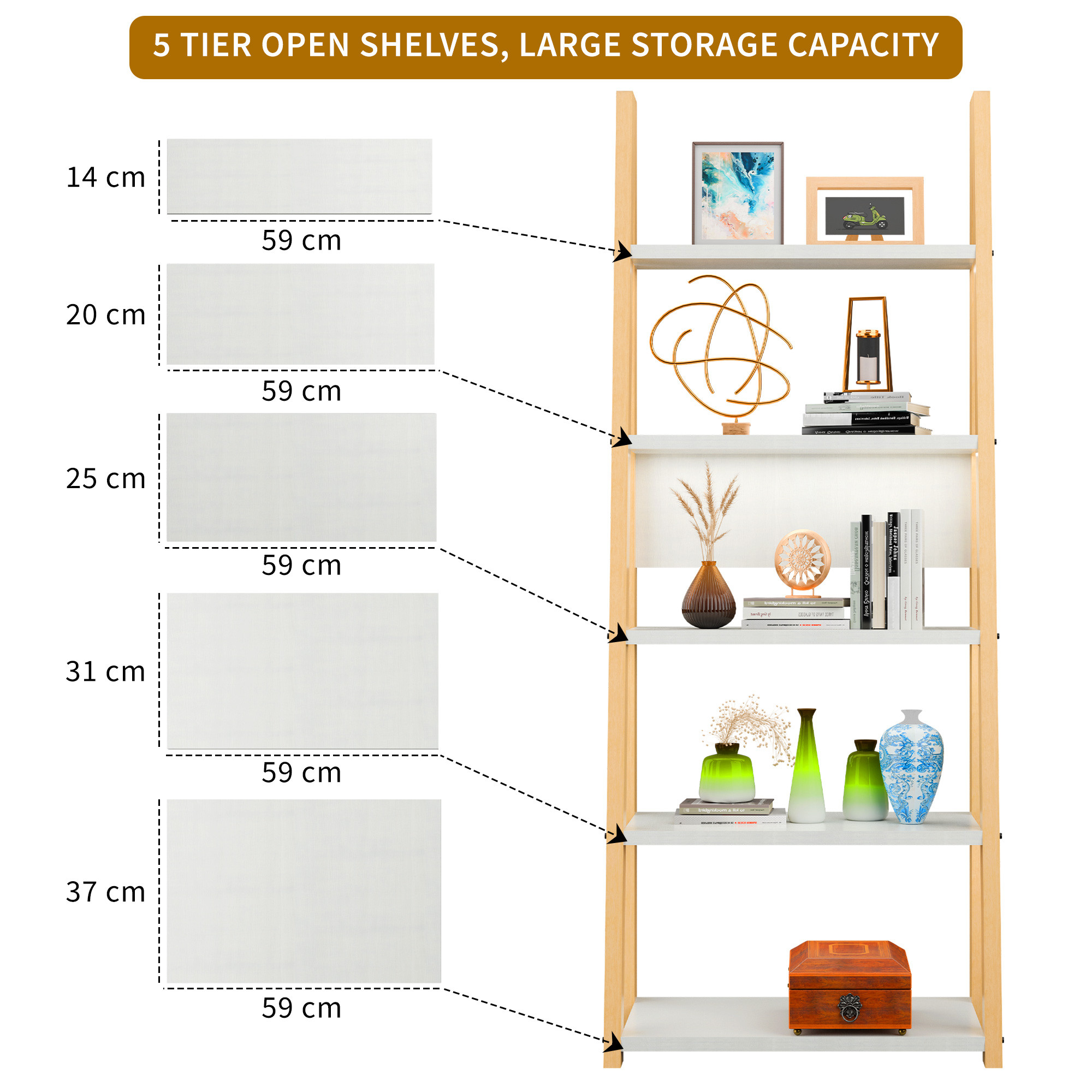 Kuber Industries 5 Layer Ladder Book Shelf Wooden Rack for Home Decor and Bedroom  Modern Showcase Stand for Decorative Items  Display Unit for Living Room with Storage Space  White  Brown