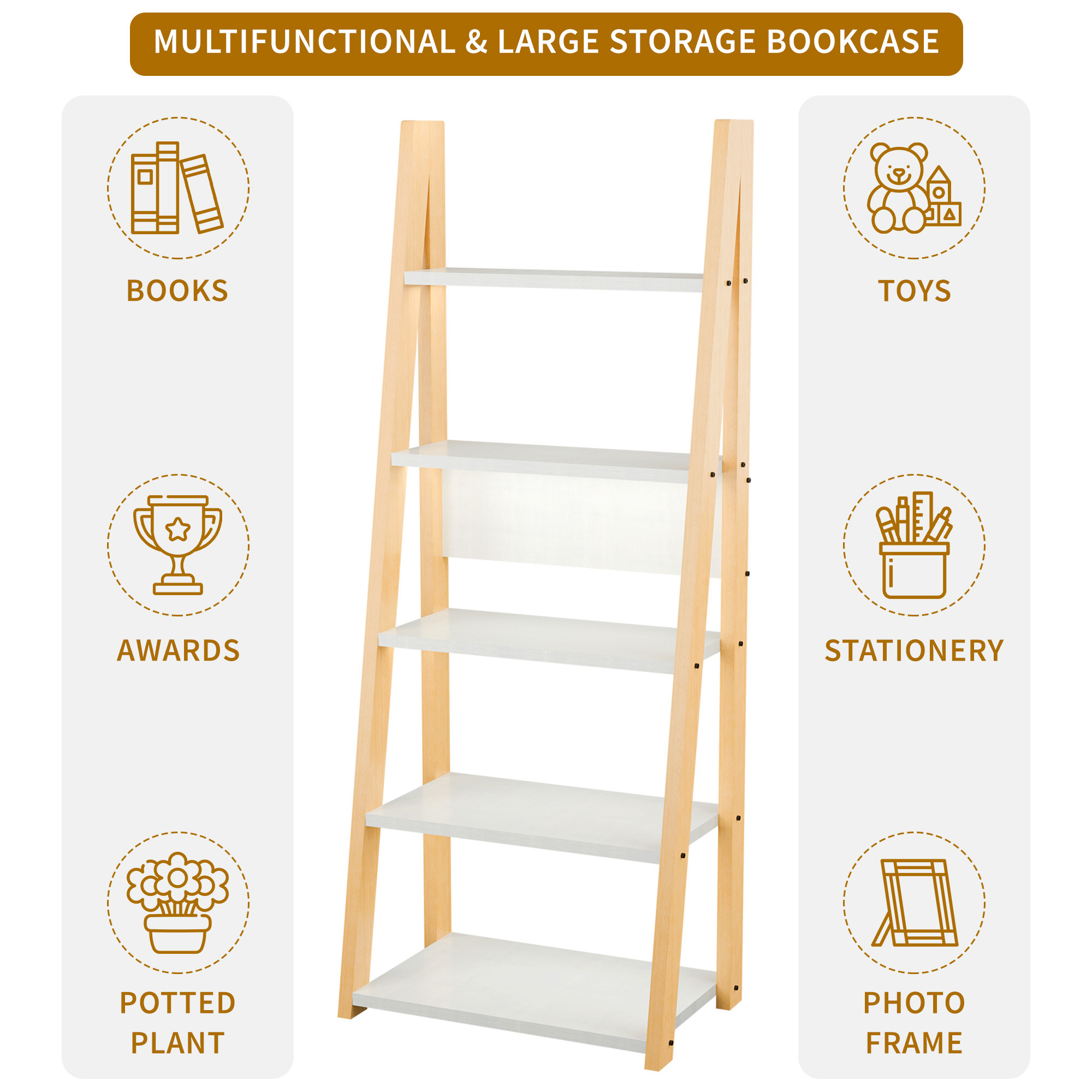 Kuber Industries 5 Layer Ladder Book Shelf Wooden Rack for Home Decor and Bedroom  Modern Showcase Stand for Decorative Items  Display Unit for Living Room with Storage Space  White  Brown