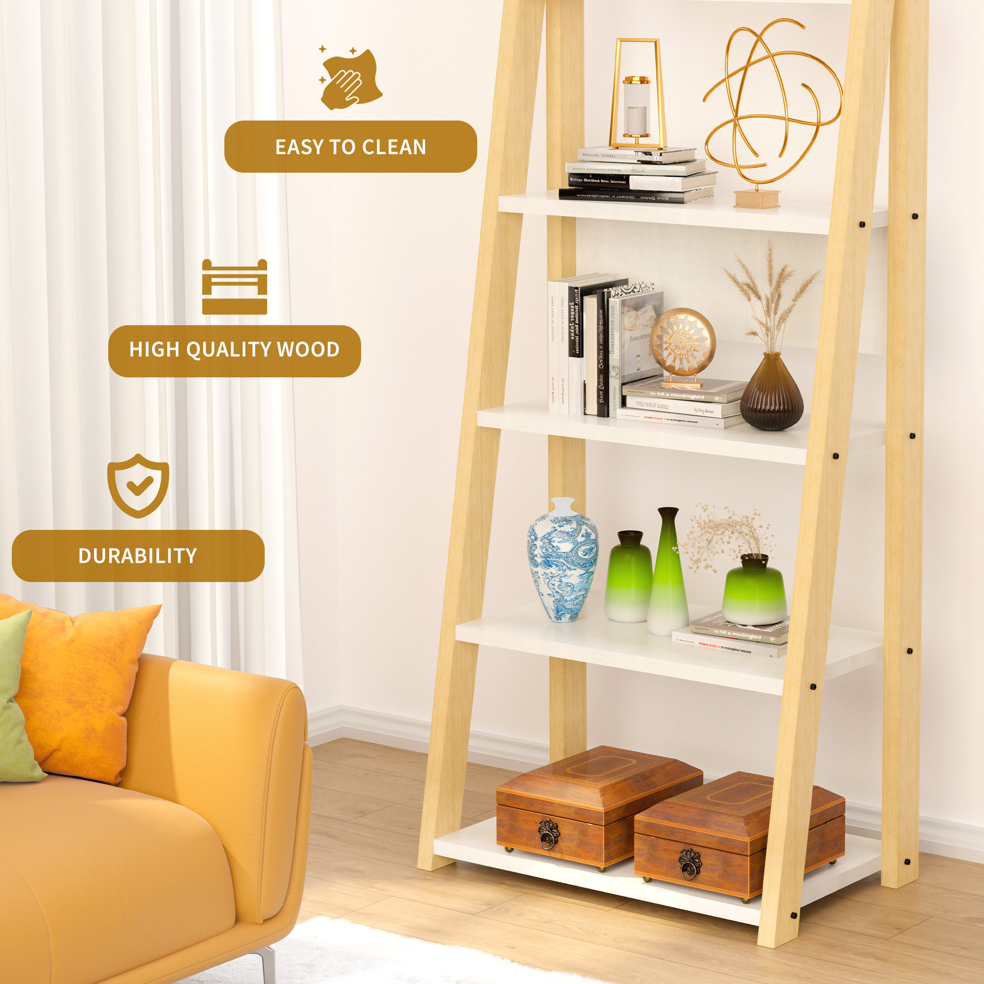 Kuber Industries 5 Layer Ladder Book Shelf Wooden Rack for Home Decor and Bedroom  Modern Showcase Stand for Decorative Items  Display Unit for Living Room with Storage Space  White  Brown
