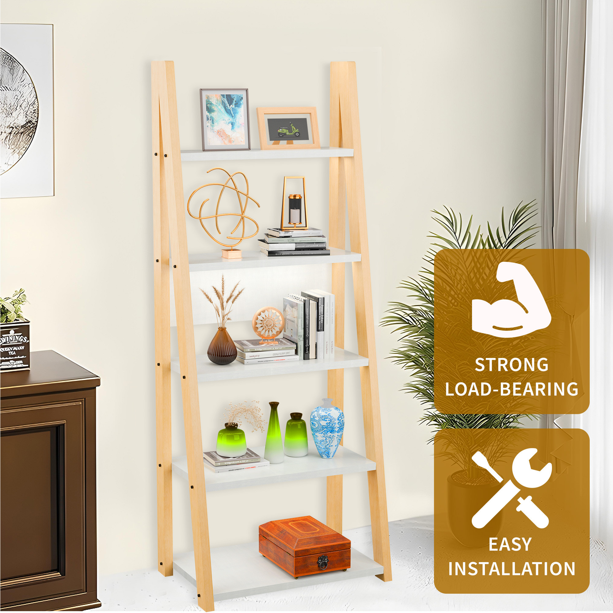 Kuber Industries 5 Layer Ladder Book Shelf Wooden Rack for Home Decor and Bedroom  Modern Showcase Stand for Decorative Items  Display Unit for Living Room with Storage Space  White  Brown