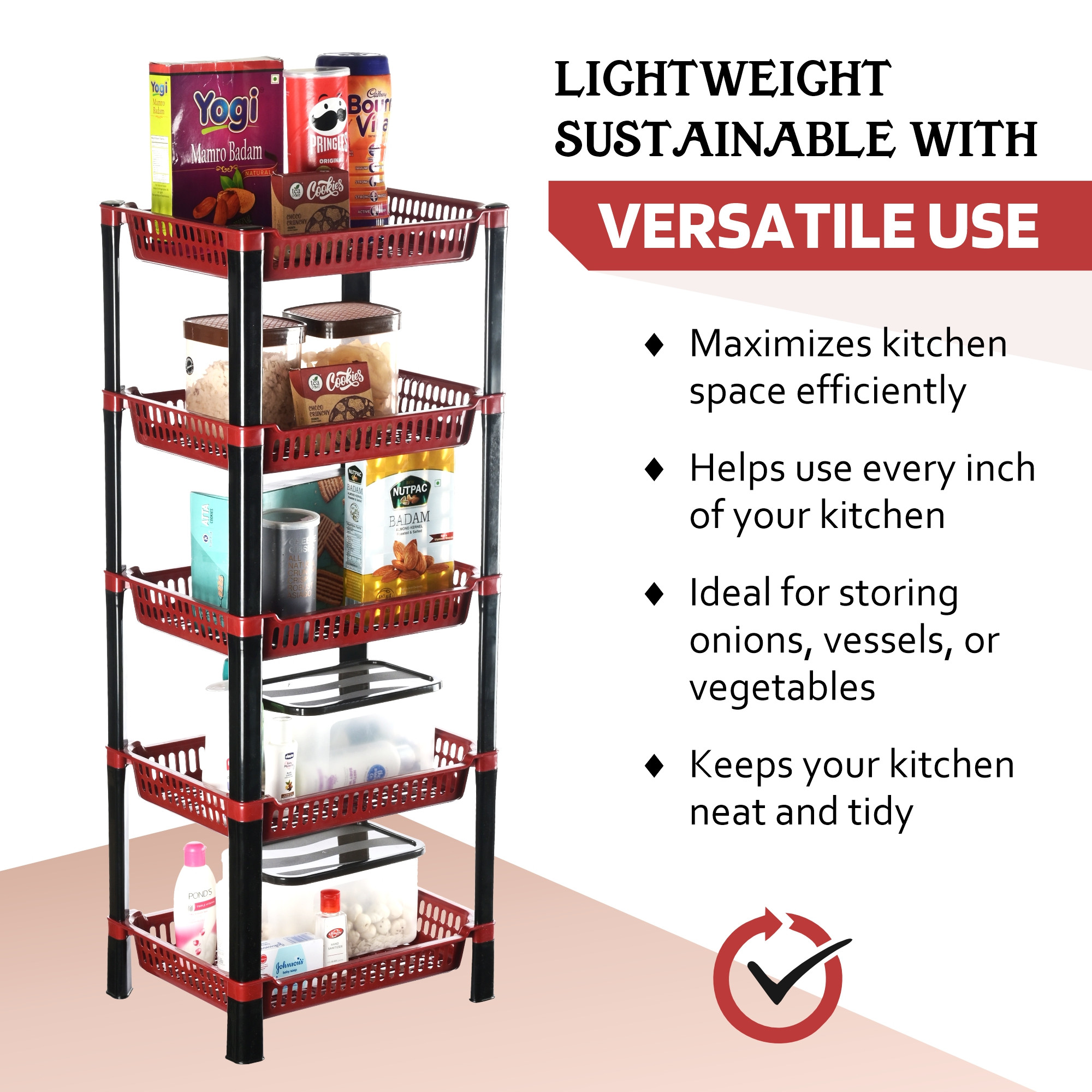 Kuber Industries 5-Layer Multipurpose Kitchen OrganizerStorage Rack  Onion Stand For Kitchen  Vessels  Vegetable Organiser  Maroon