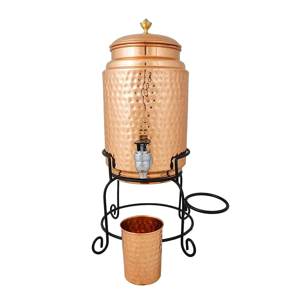 Kuber Industries 5 Litre Copper Water Dispenser with Stand and Glass | BPA Free, Non-Toxic | Hammered Texture, Rustproof & Durable | With Added Health Benefits of Copper | 5L