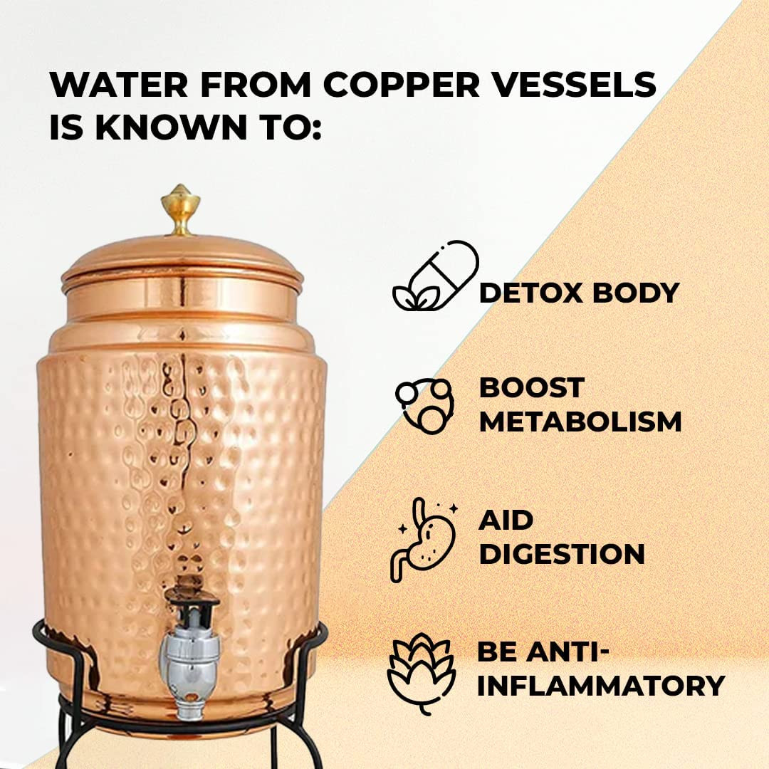 Kuber Industries 5 Litre Copper Water Dispenser with Stand and Glass | BPA Free, Non-Toxic | Hammered Texture, Rustproof & Durable | With Added Health Benefits of Copper | 5L