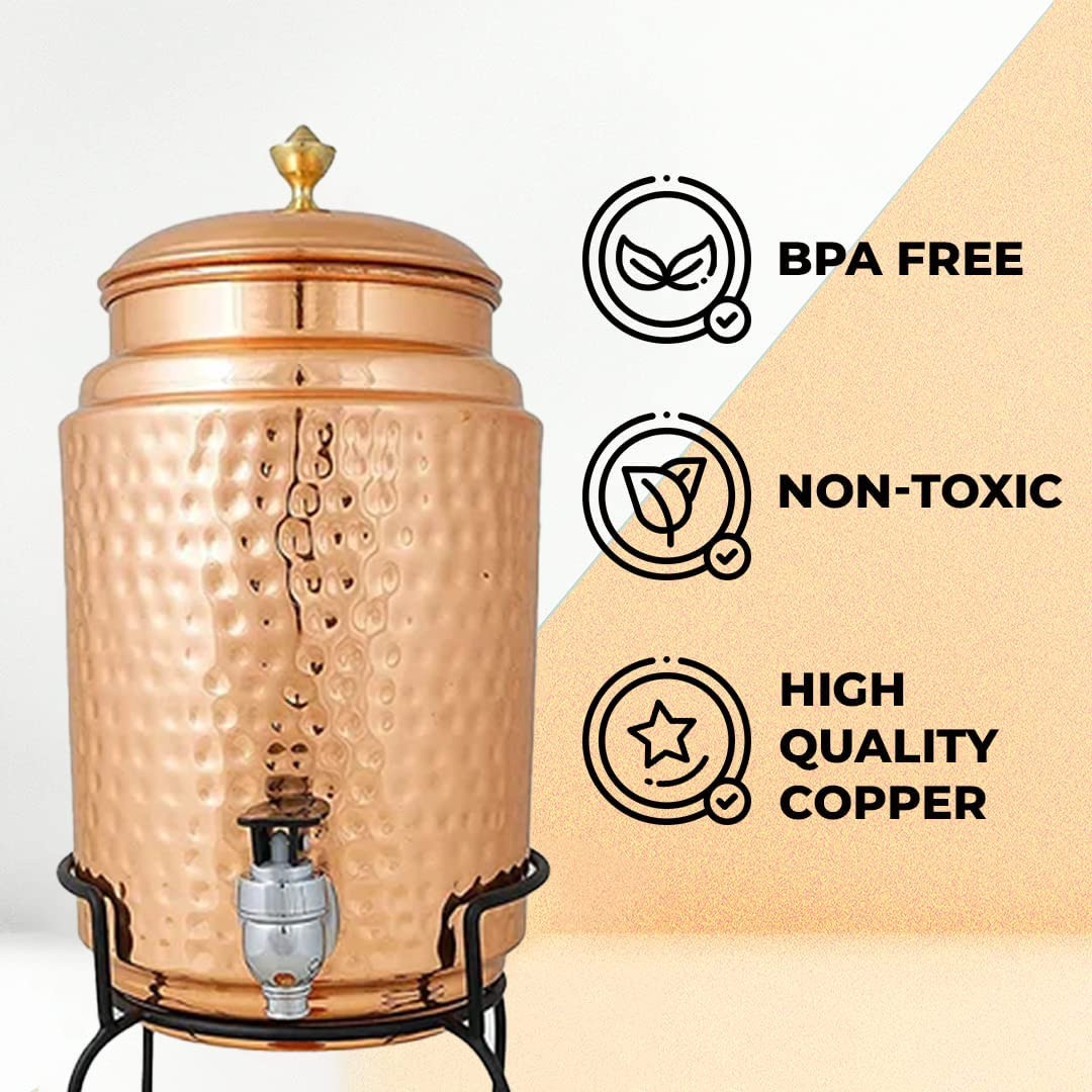 Kuber Industries 5 Litre Copper Water Dispenser with Stand and Glass | BPA Free, Non-Toxic | Hammered Texture, Rustproof & Durable | With Added Health Benefits of Copper | 5L