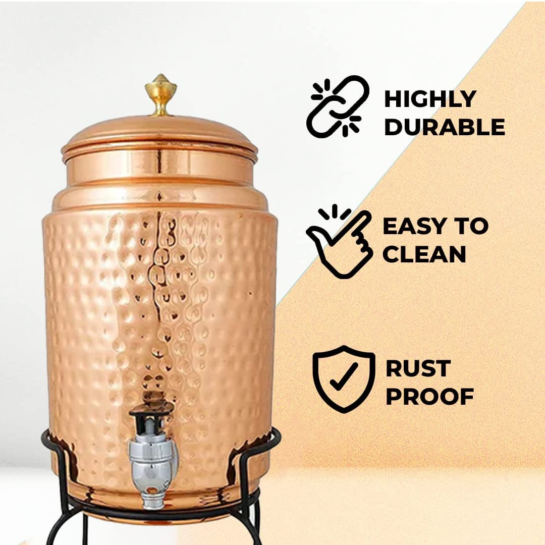 Kuber Industries 5 Litre Copper Water Dispenser with Stand and Glass | BPA Free, Non-Toxic | Hammered Texture, Rustproof & Durable | With Added Health Benefits of Copper | 5L