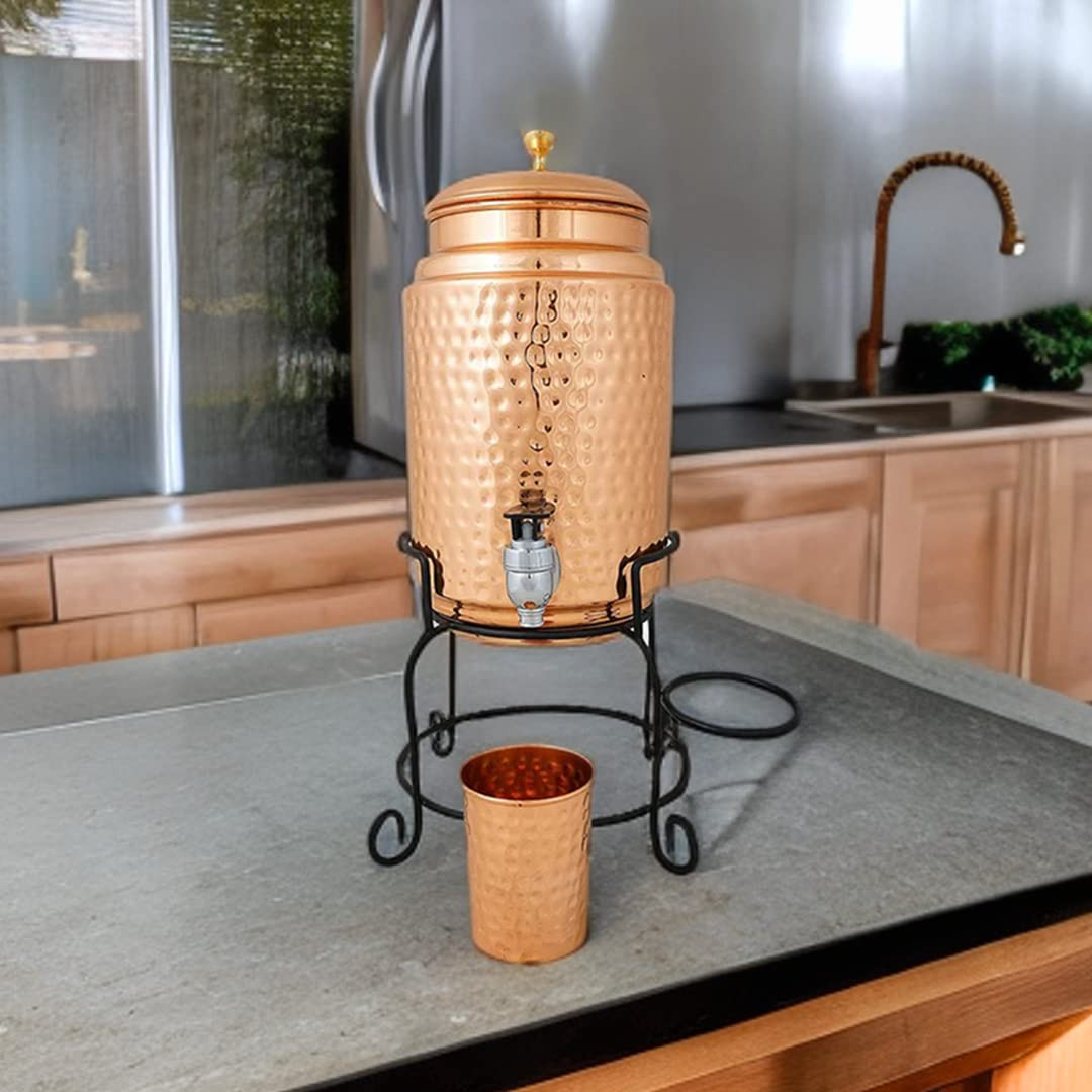 Kuber Industries 5 Litre Copper Water Dispenser with Stand and Glass | BPA Free, Non-Toxic | Hammered Texture, Rustproof & Durable | With Added Health Benefits of Copper | 5L