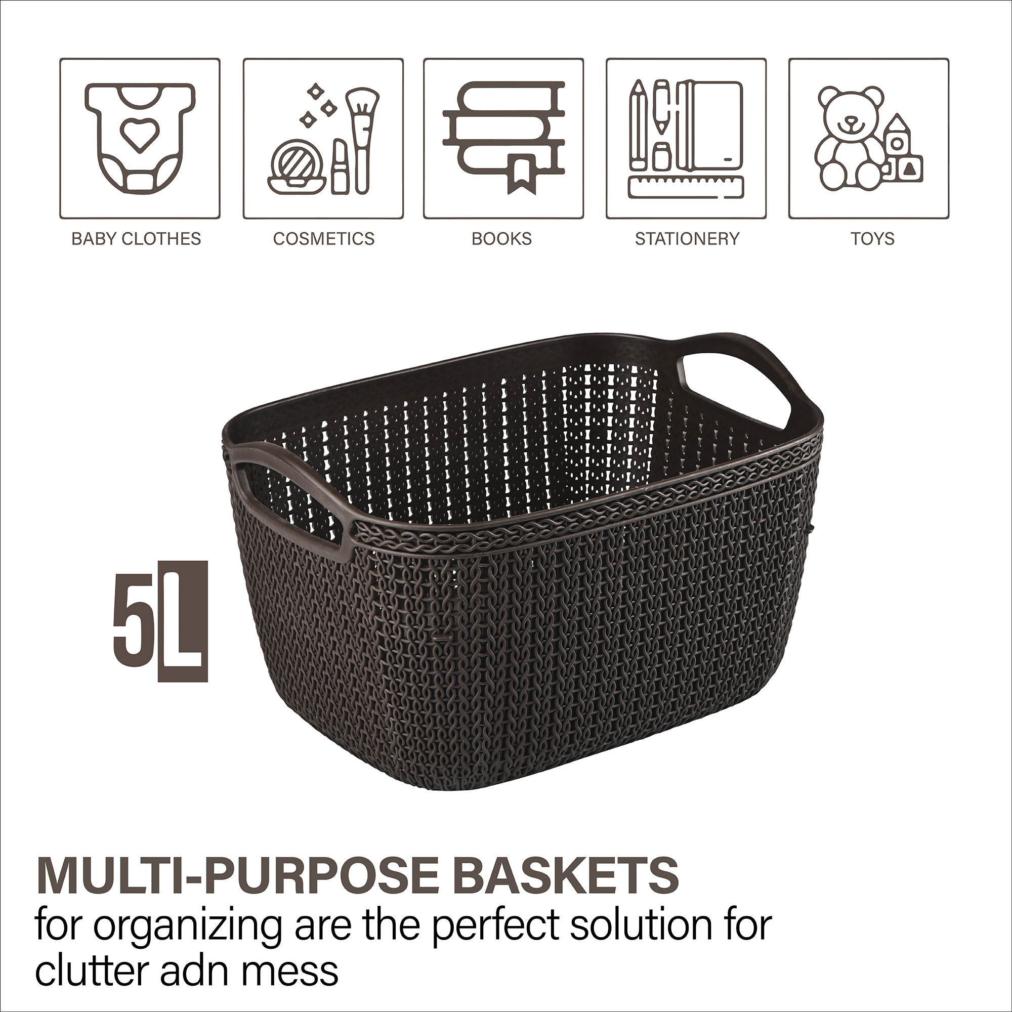 Kuber Industries 5 LTR Multi-Purpose Plastic Basket for Storage Q5  Spacious Pooja Item Holder  Fruit Tokari  Aesthetic Home Organizers for Kitchen  Bedroom  Brown