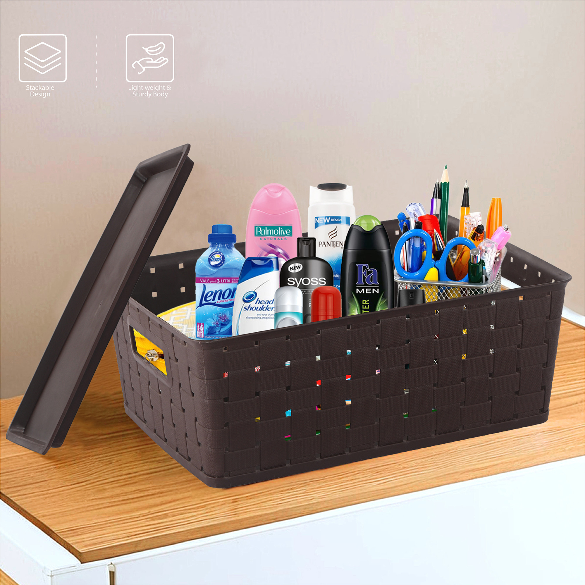 Kuber Industries 5 LTR Stackable Plastic Storage Box with Lid  Multi-Purpose Basket for Storage  Home Organizer for Kitchen Stationary Medicine  Pooja Item  Cannes Pattern - Brown