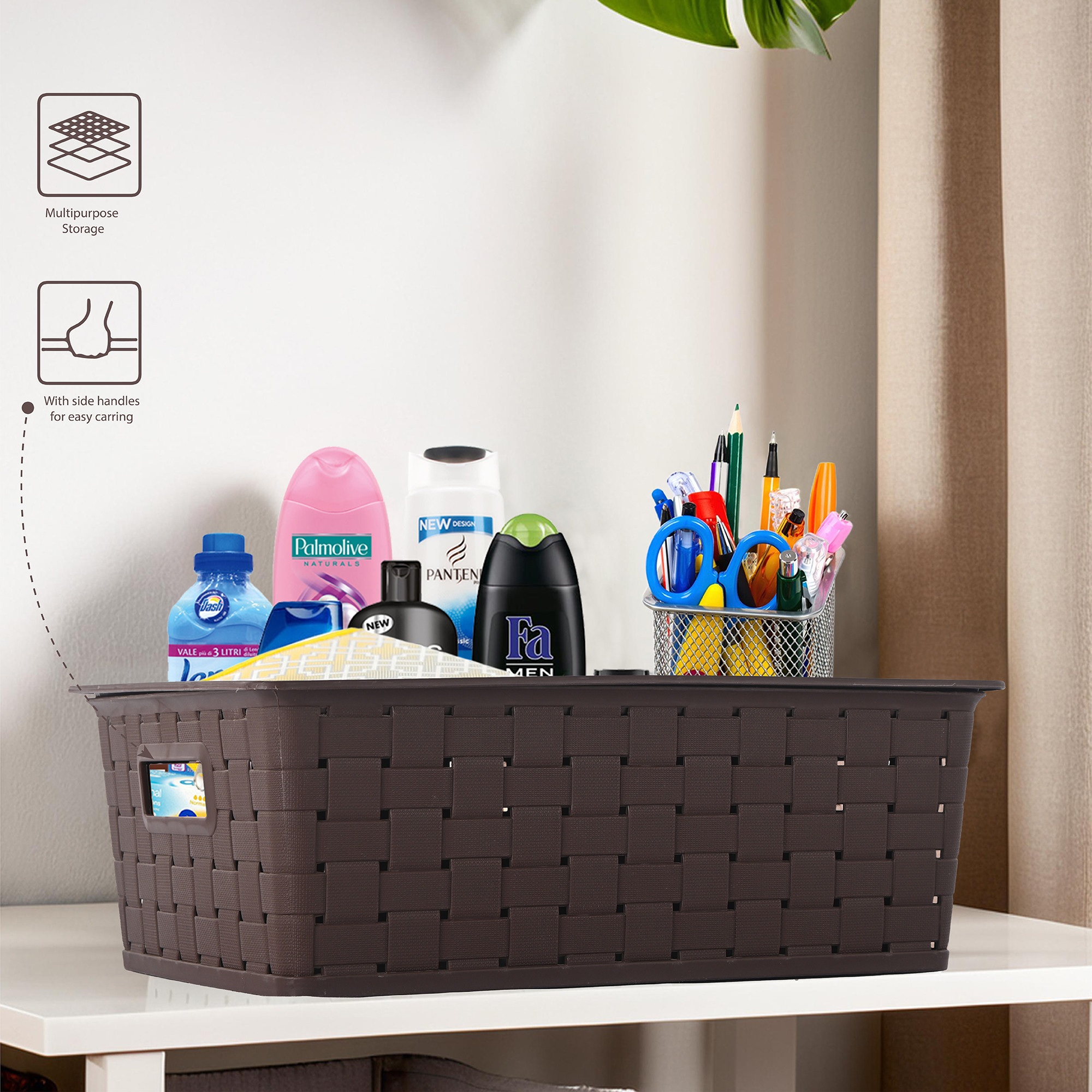 Kuber Industries 5 LTR Stackable Plastic Storage Box with Lid  Multi-Purpose Basket for Storage  Home Organizer for Kitchen Stationary Medicine  Pooja Item  Cannes Pattern - Brown