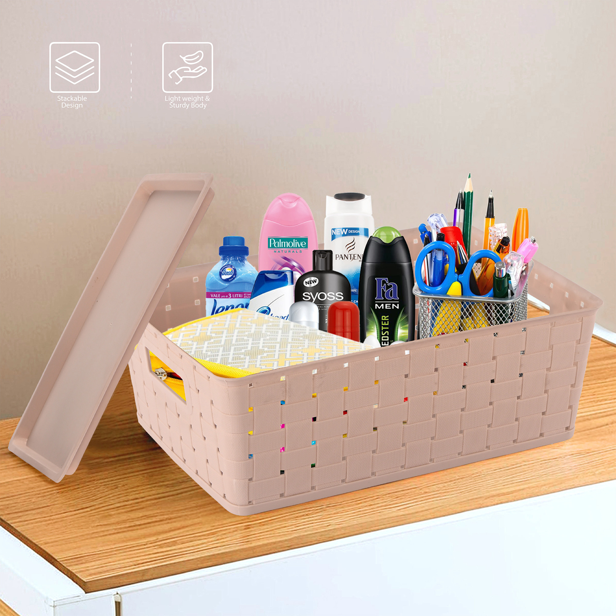 Kuber Industries 5 LTR Stackable Plastic Storage Box with Lid  Multi-Purpose Basket for Storage  Home Organizer for Kitchen Stationary Medicine  Pooja Item  Cannes Pattern - Beige