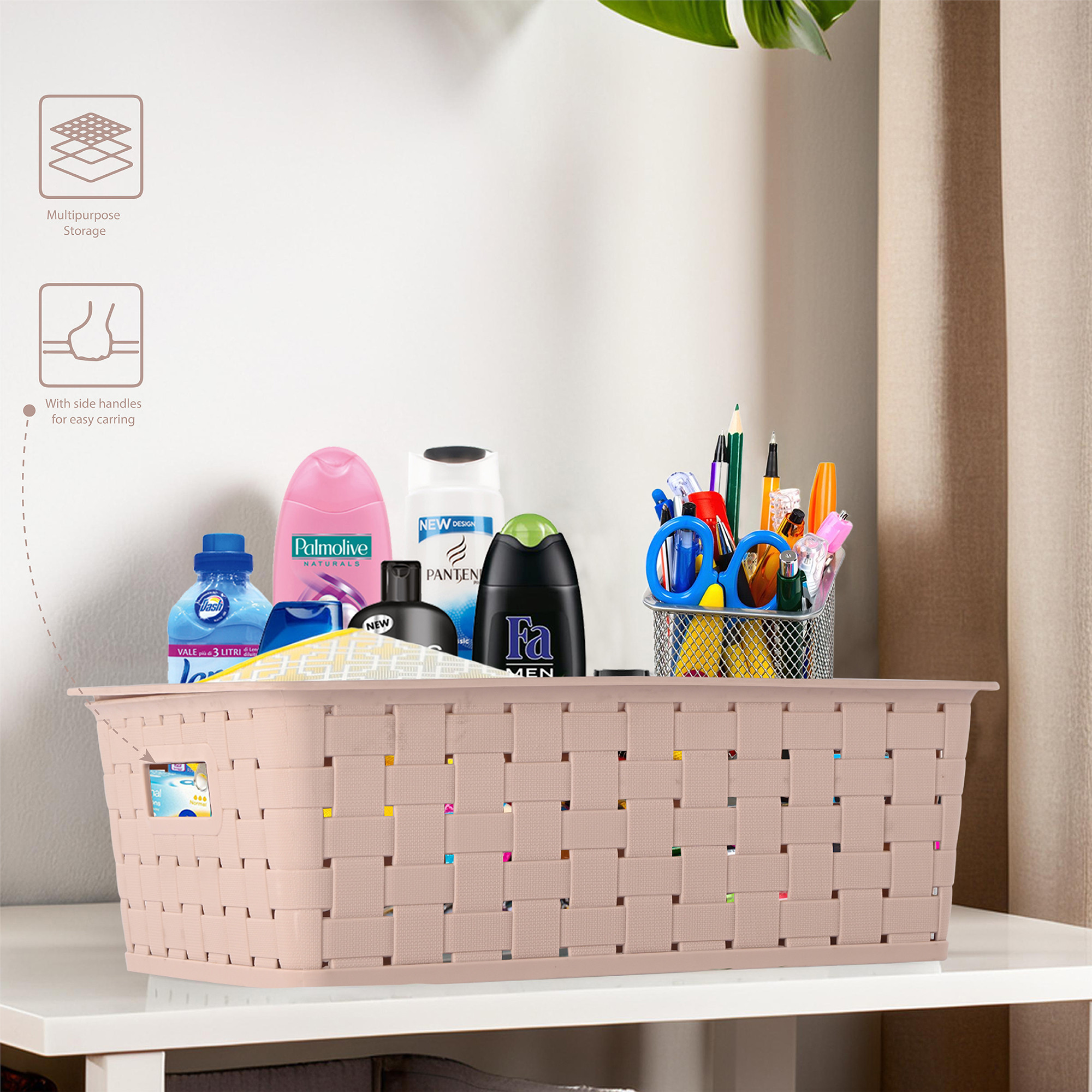 Kuber Industries 5 LTR Stackable Plastic Storage Box with Lid  Multi-Purpose Basket for Storage  Home Organizer for Kitchen Stationary Medicine  Pooja Item  Cannes Pattern - Beige