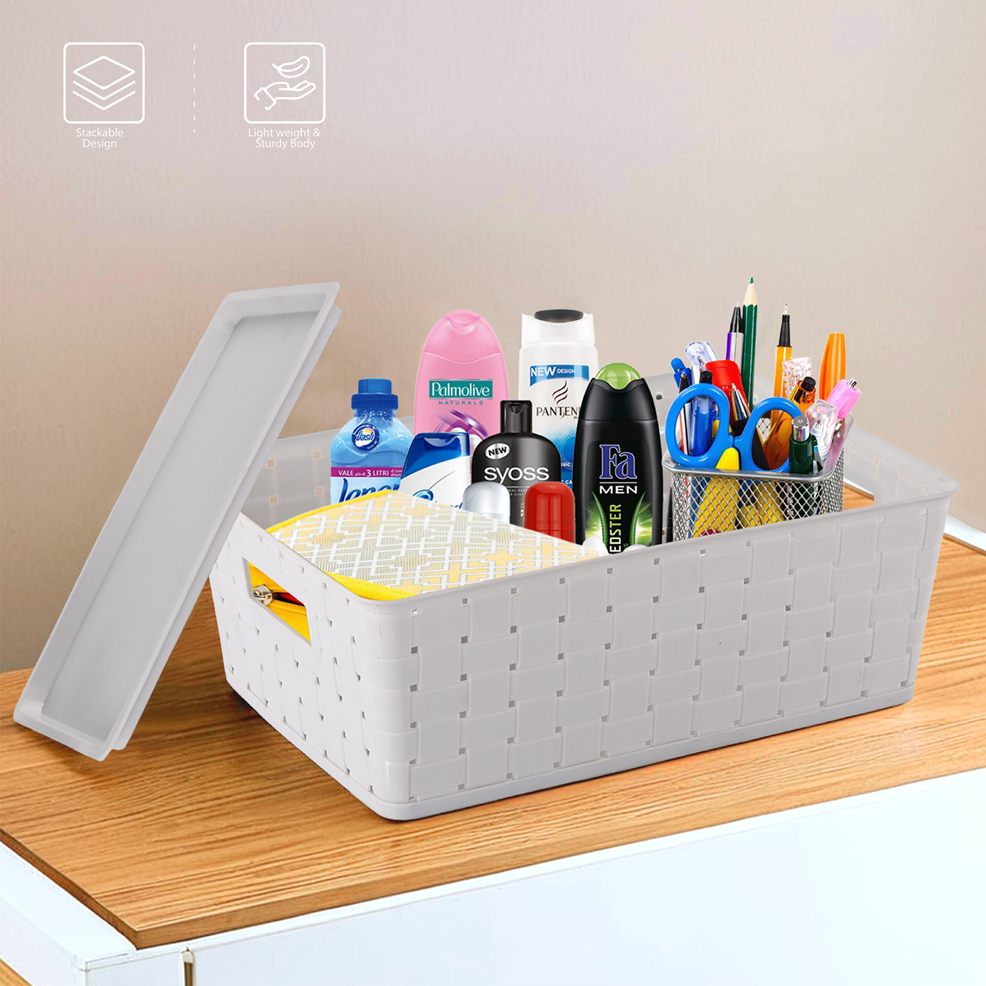 Kuber Industries 5 LTR Stackable Plastic Storage Box with Lid  Multi-Purpose Basket for Storage  Home Organizer for Kitchen Stationary Medicine  Pooja Item  Cannes Pattern - Grey