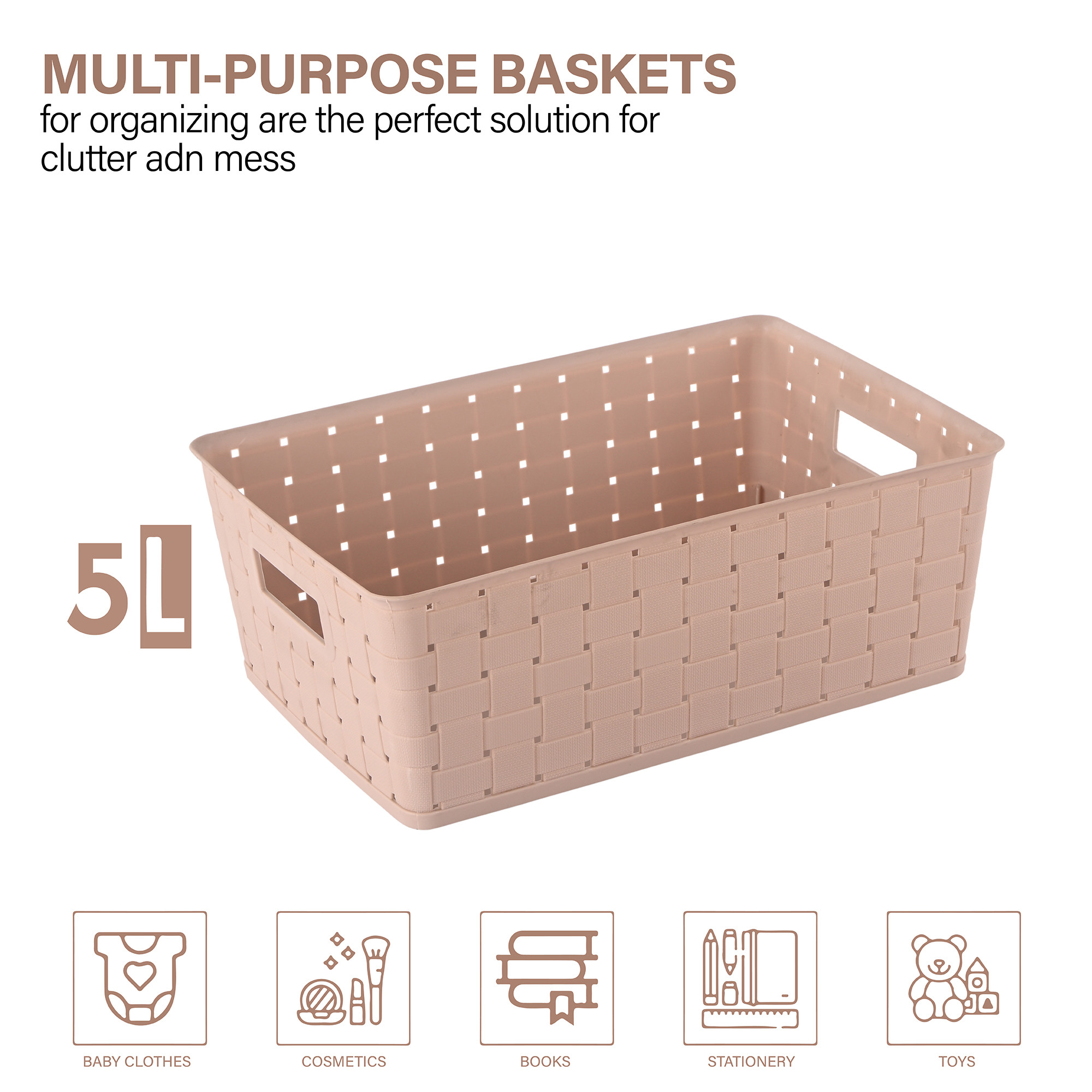 Kuber Industries 5 LTR Stackable Plastic Storage Box with Lid  Multi-Purpose Basket for Storage  Home Organizer for Kitchen Stationary Medicine  Pooja Item  Cannes Pattern - Beige