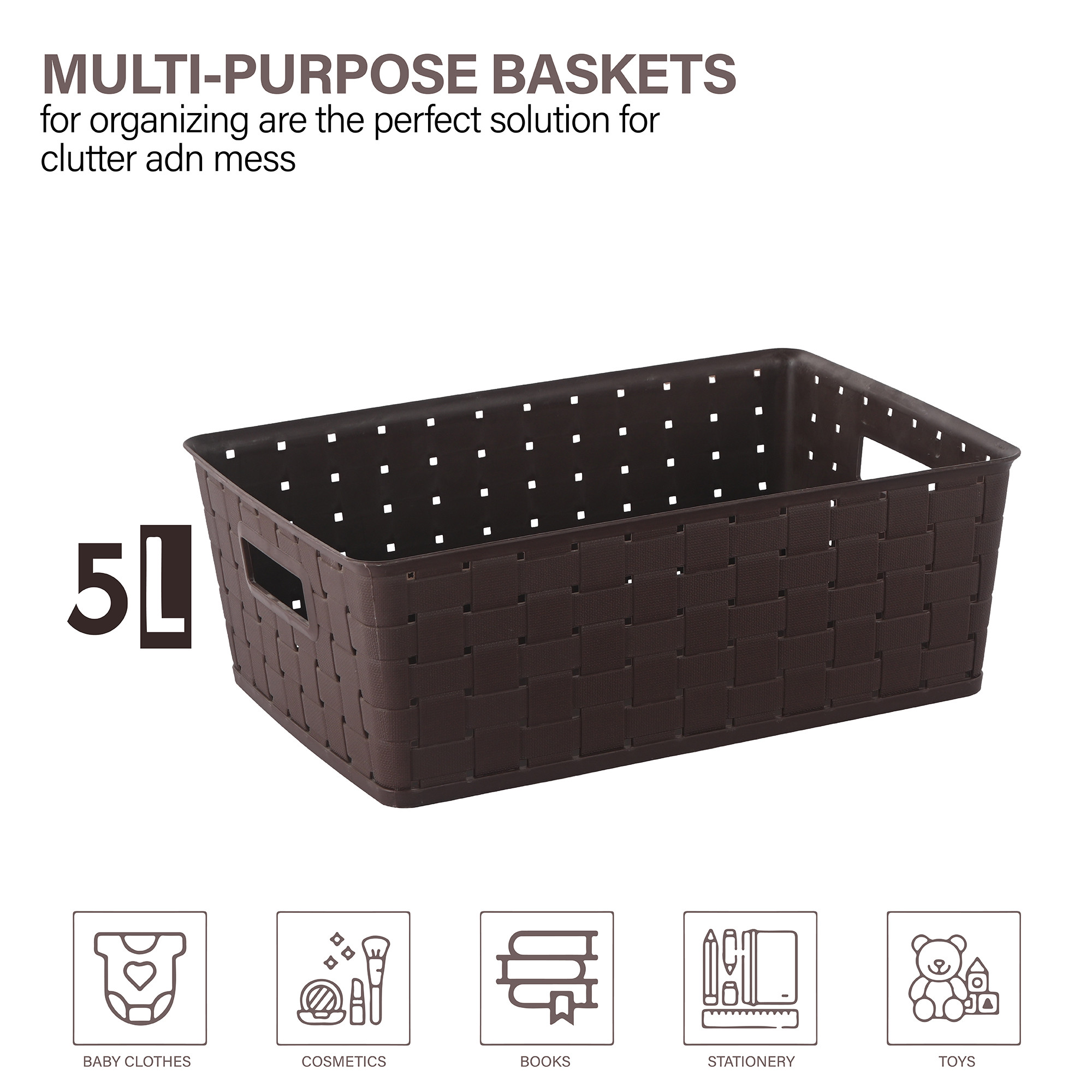 Kuber Industries 5 LTR Stackable Plastic Storage Box with Lid  Multi-Purpose Basket for Storage  Home Organizer for Kitchen Stationary Medicine  Pooja Item  Cannes Pattern - Brown
